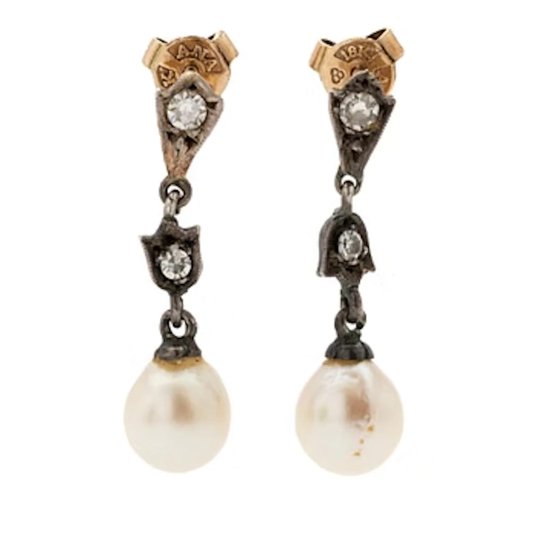 Earrings, a pair, 18K gold and silver with diamonds and cultured pearls.
