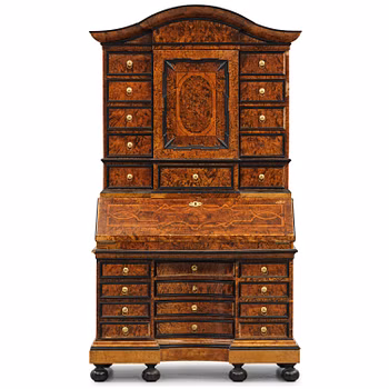 A Swedish burr-elm late baroque writing cabinet, first part 18th century.