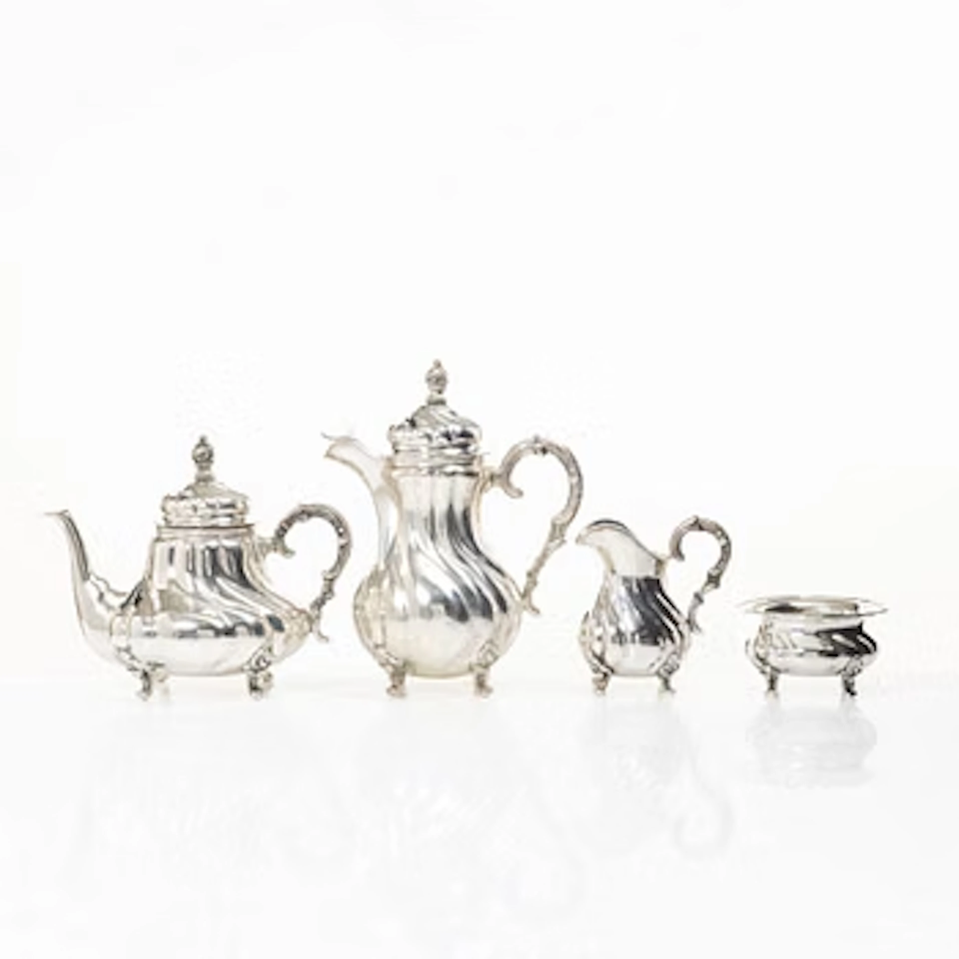 Coffee and tea service, 4 pieces, silver, Rococo style, Germany, 20th century.