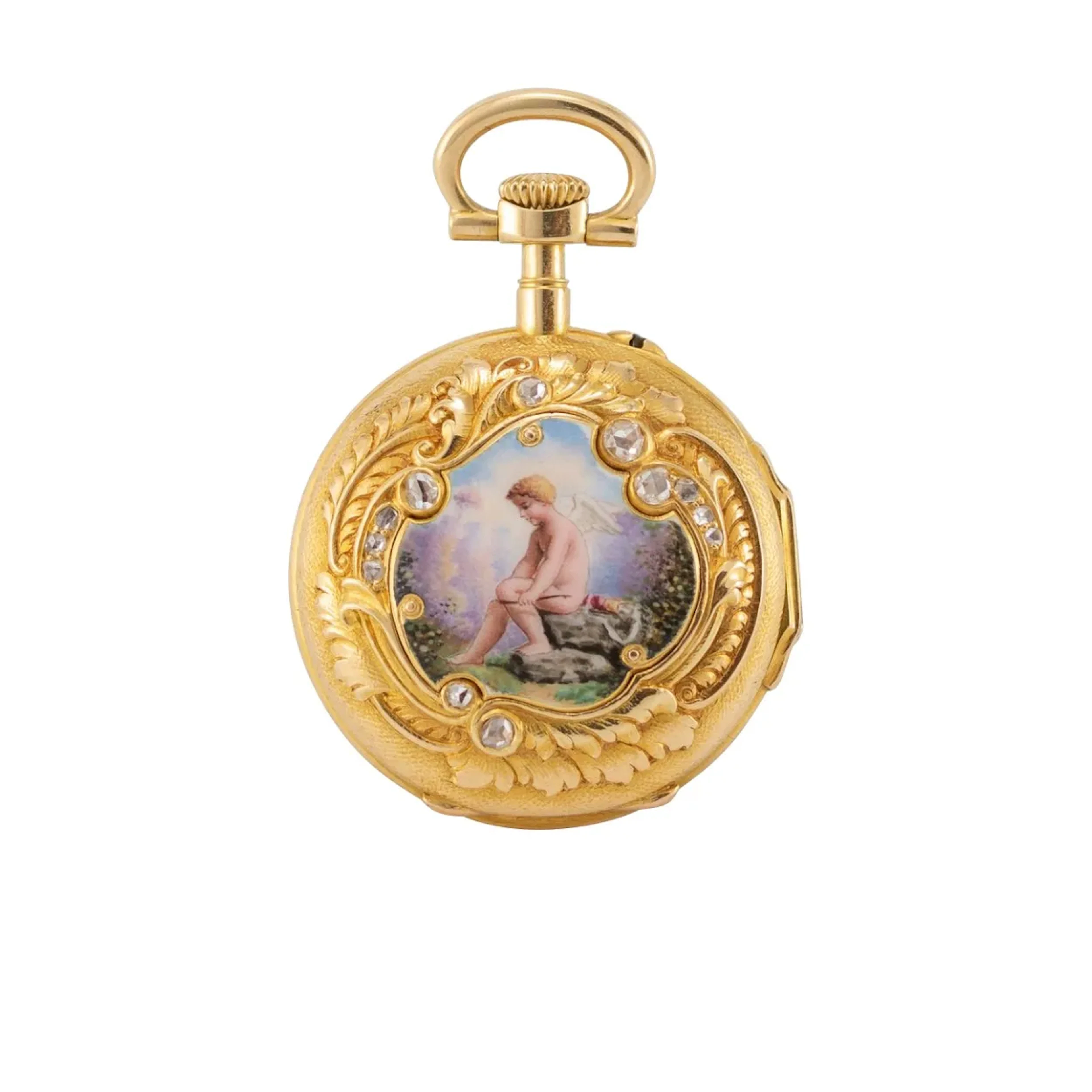 Exquisite, diamantbesetzte Genfer Goldemail-Anhängeuhr mit goldener