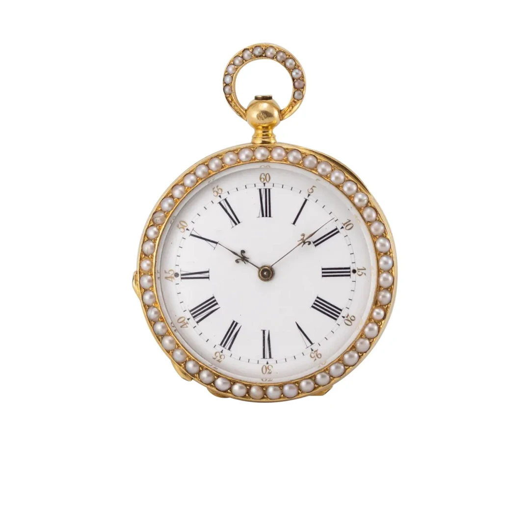 Exquisite, aufwändigst mit Perlen besetzte Genfer Damenanhängeuhr