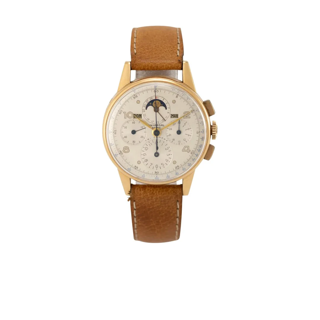 Seltener Genfer Vintage Armbandchronograph mit Vollkalender und Mondphase