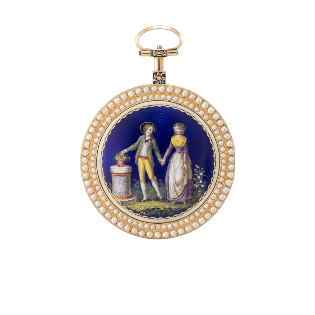 Museale, mit Halbperlen besetzte Pariser Goldemailtaschenuhr
