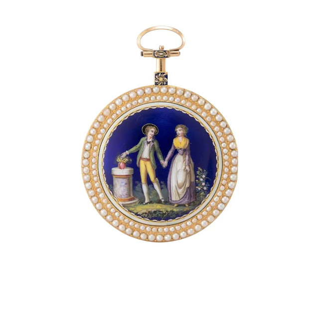 Museale, mit Halbperlen besetzte Pariser Goldemailtaschenuhr