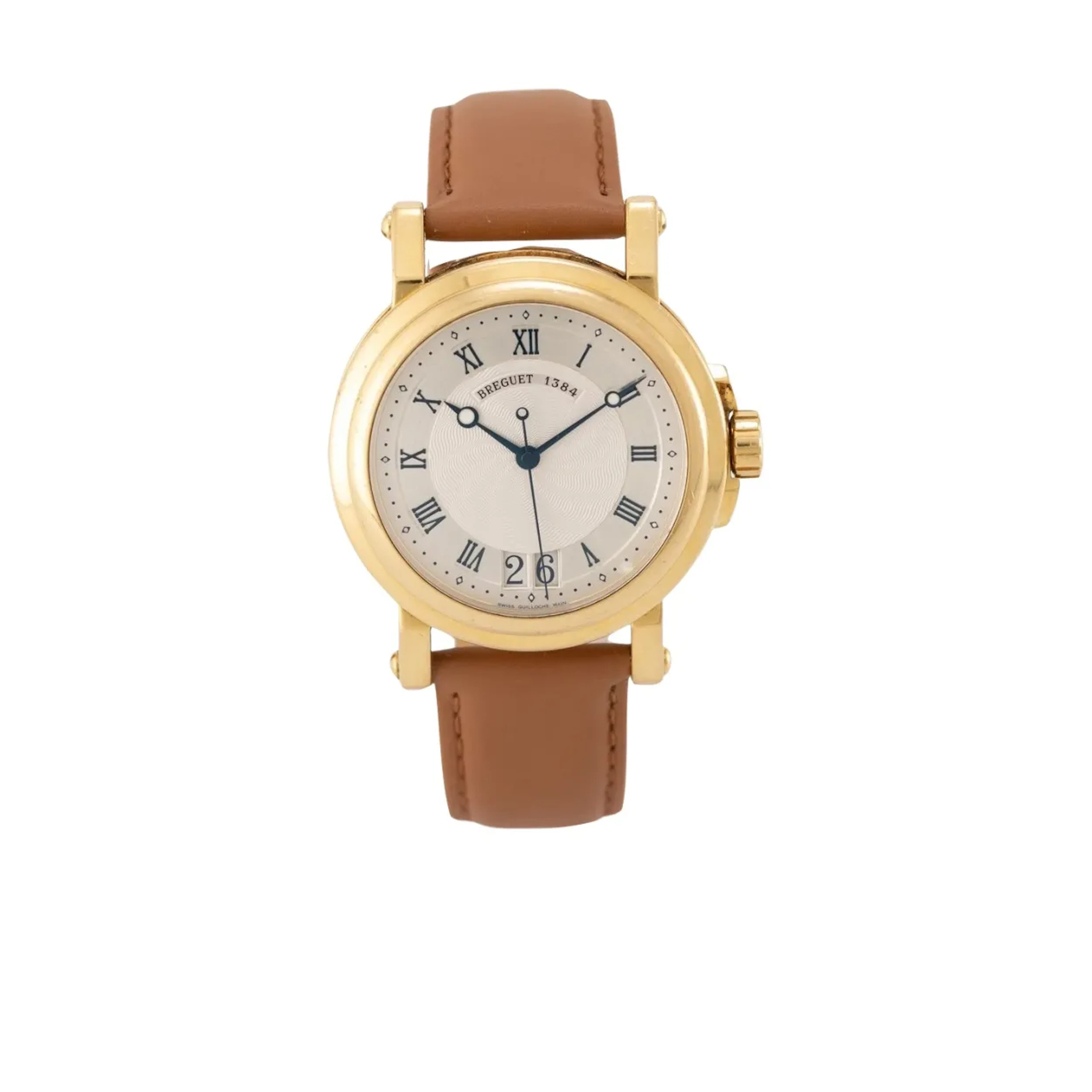 Schwere, sportlich elegante Armbanduhr mit Großdatum und handguillochiertem
