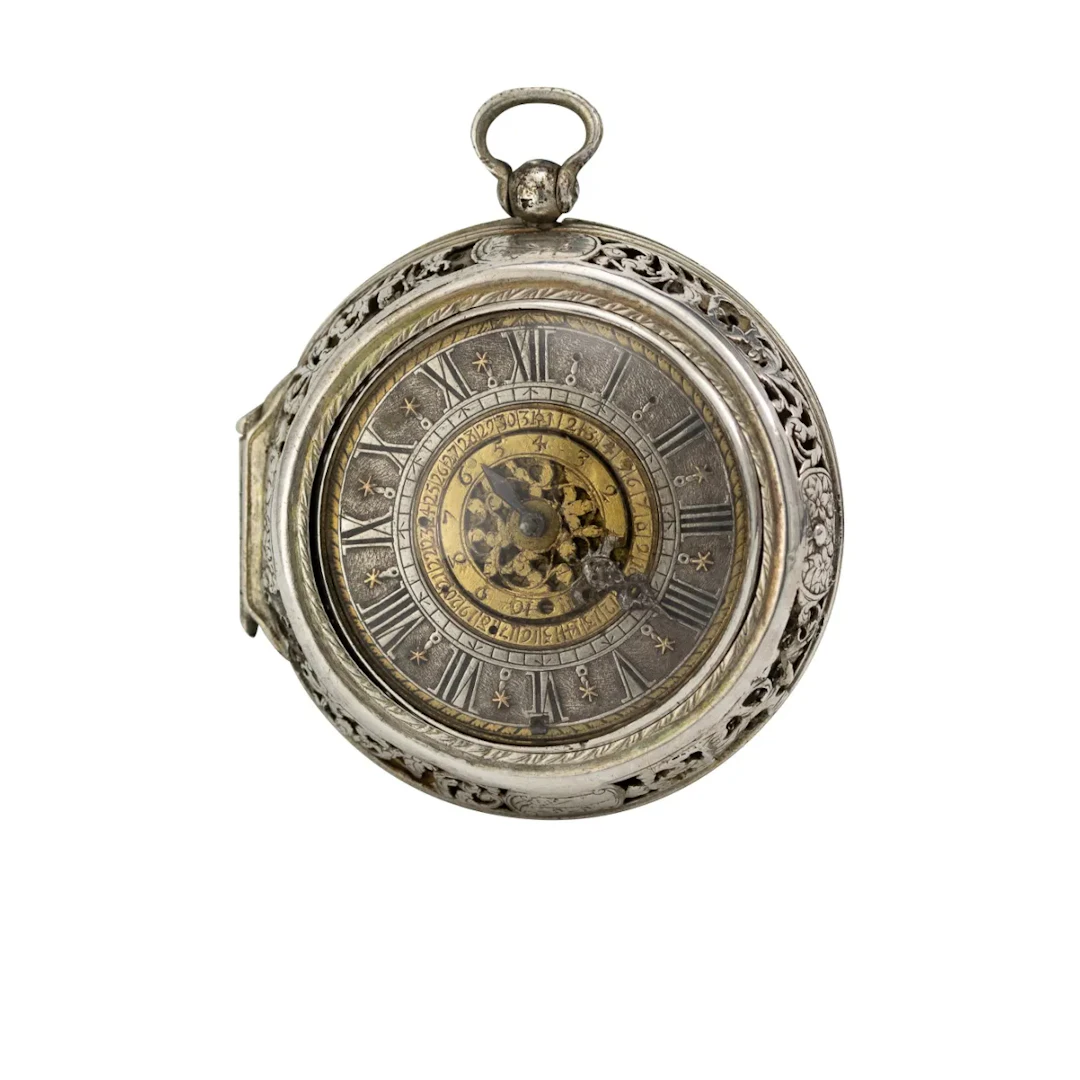 Frühe, einzeigrige Doppelgehäuse-Spindeltaschenuhr mit Wecker, Datumsanzeige
