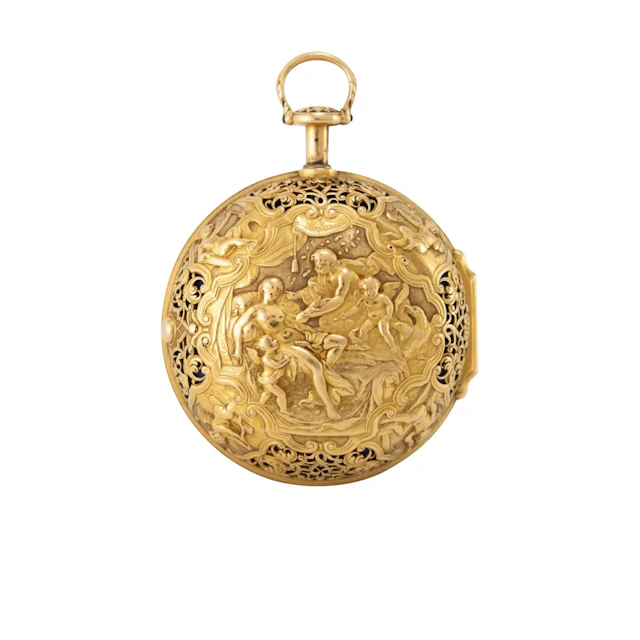 Prächtige Londoner Repoussé Doppelgehäuse-Spindeltaschenuhr mit V