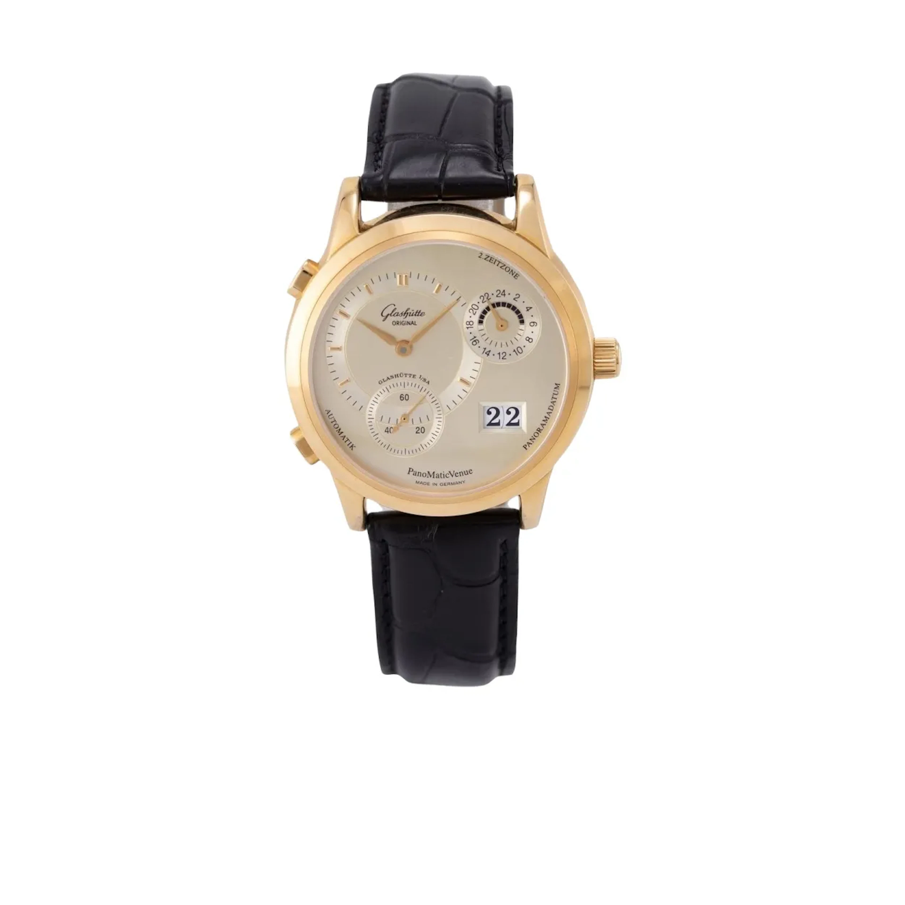 Elegante, nahezu neuwertige Armbanduhr mit Panoramadatum und zweiter Zeitzone