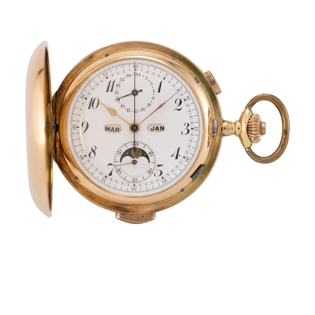 Schwere Savonnette mit Minutenrepetition, Chronograph, Kalender und Mondphase