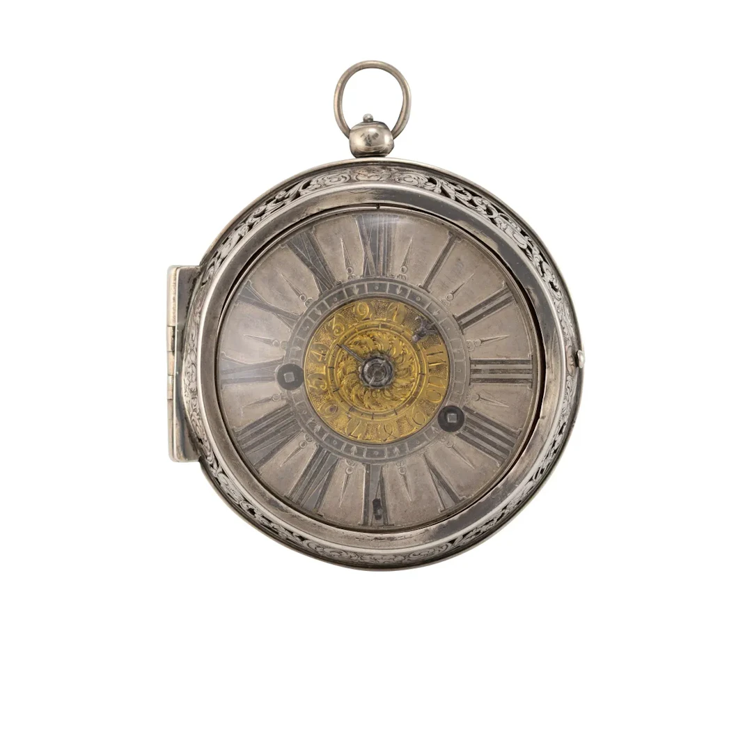Hochfeine, einzeigrige Doppelgehäuse-Spindeltaschenuhr mit Weckwerk