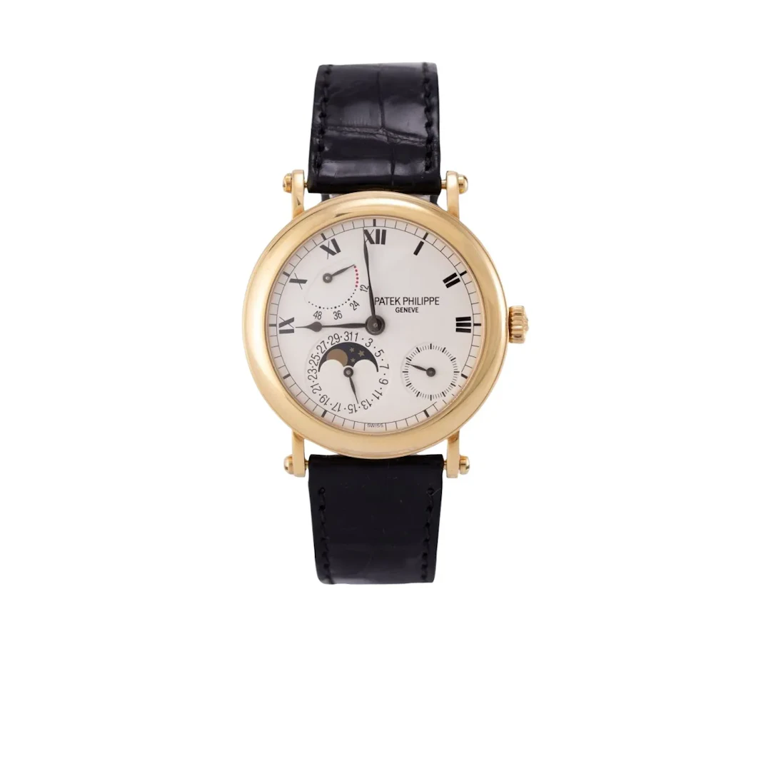 Hochfeine, elegante Genfer Armbanduhr mit Zeigerdatum, Mondphase und