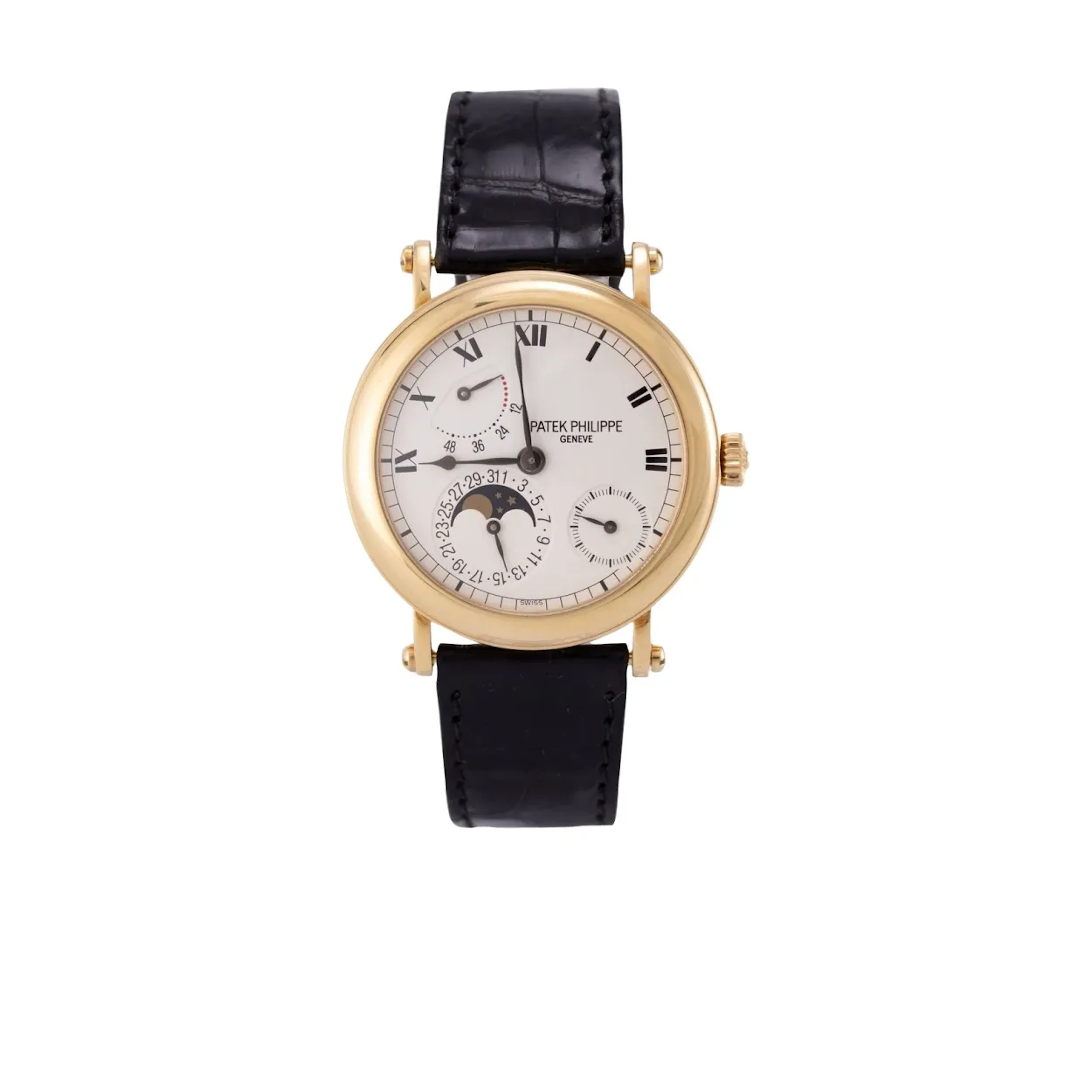 Hochfeine, elegante Genfer Armbanduhr mit Zeigerdatum, Mondphase und
