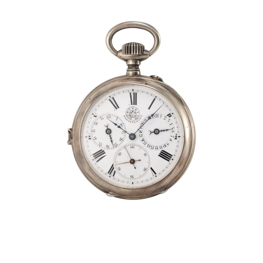 Überaus seltene Taschenuhr mit Chronograph, 60 Minuten- und 24h-Zähler