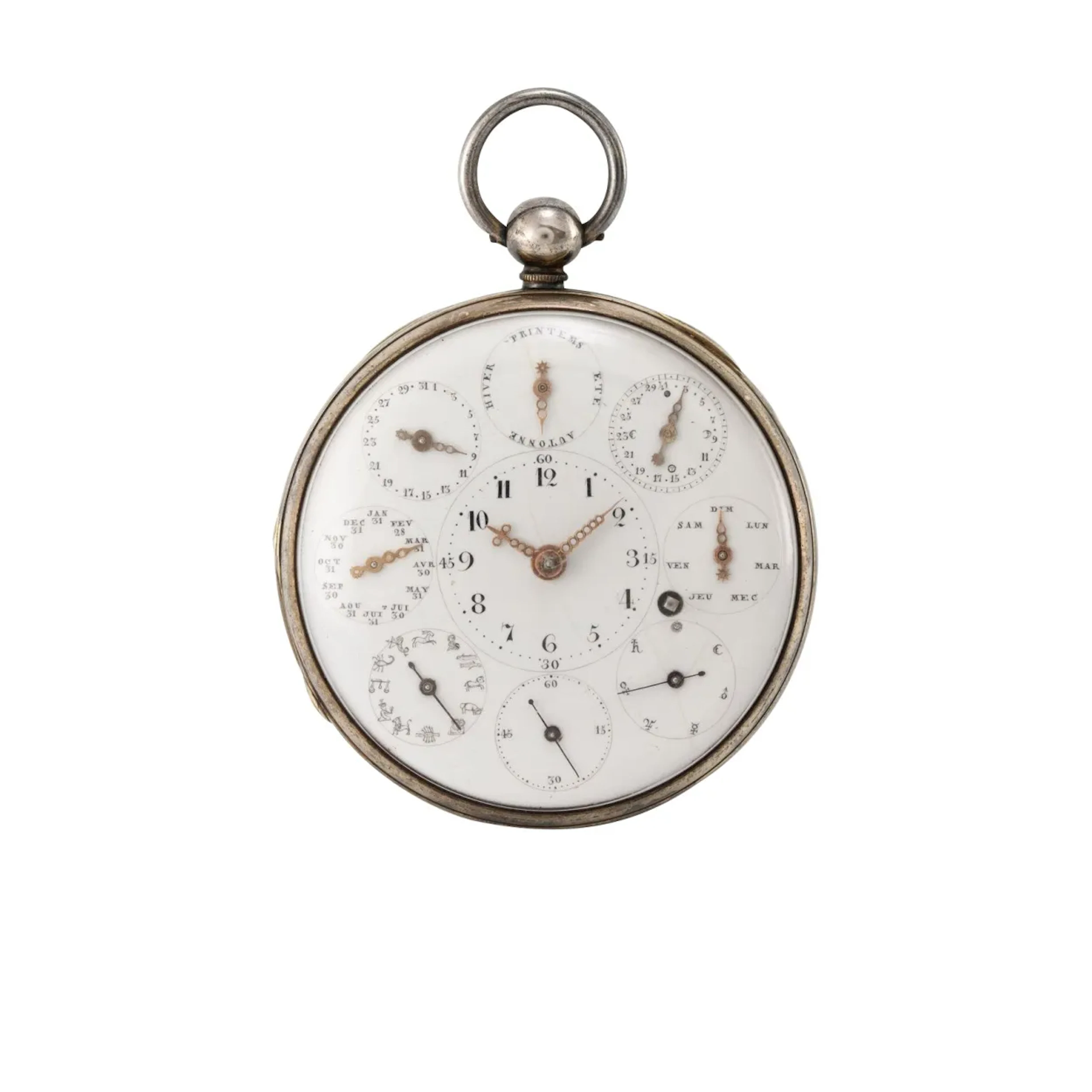 Extrem seltene, doppelseitige Taschenuhr mit Vollkalender, astronomischen