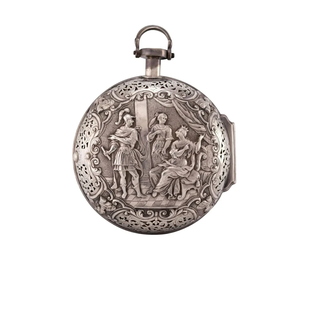 Exquisite Friedberger Barock Doppelgehäuse-Kutschenuhr mit Viertelstunden-Stunde