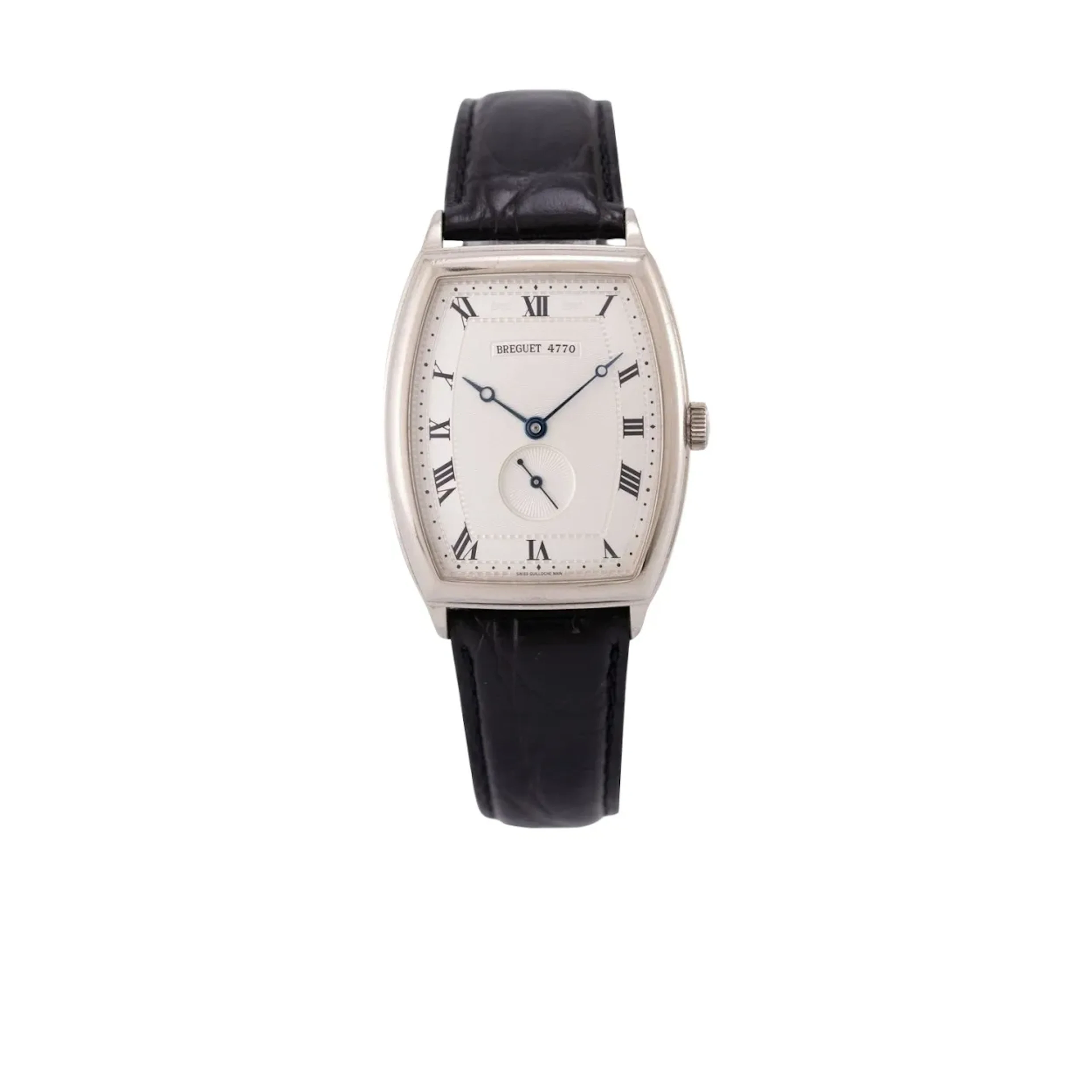 Elegante, edle, tonneauförmige Armbanduhr im 18-karätigen Weißgoldgehäuse