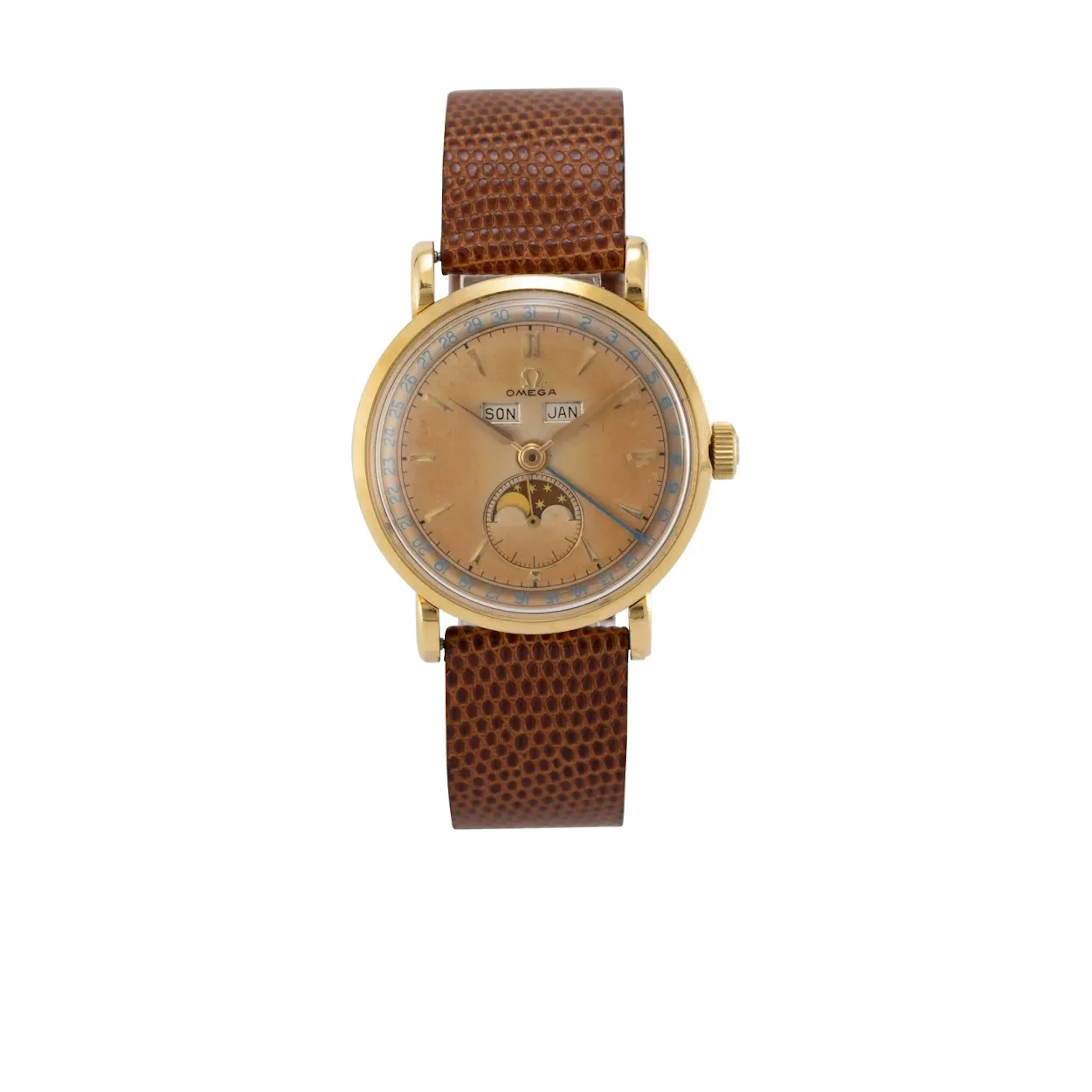 Frühe und hochfeine, goldene Vintage Armbanduhr mit Kalender und Mondphase