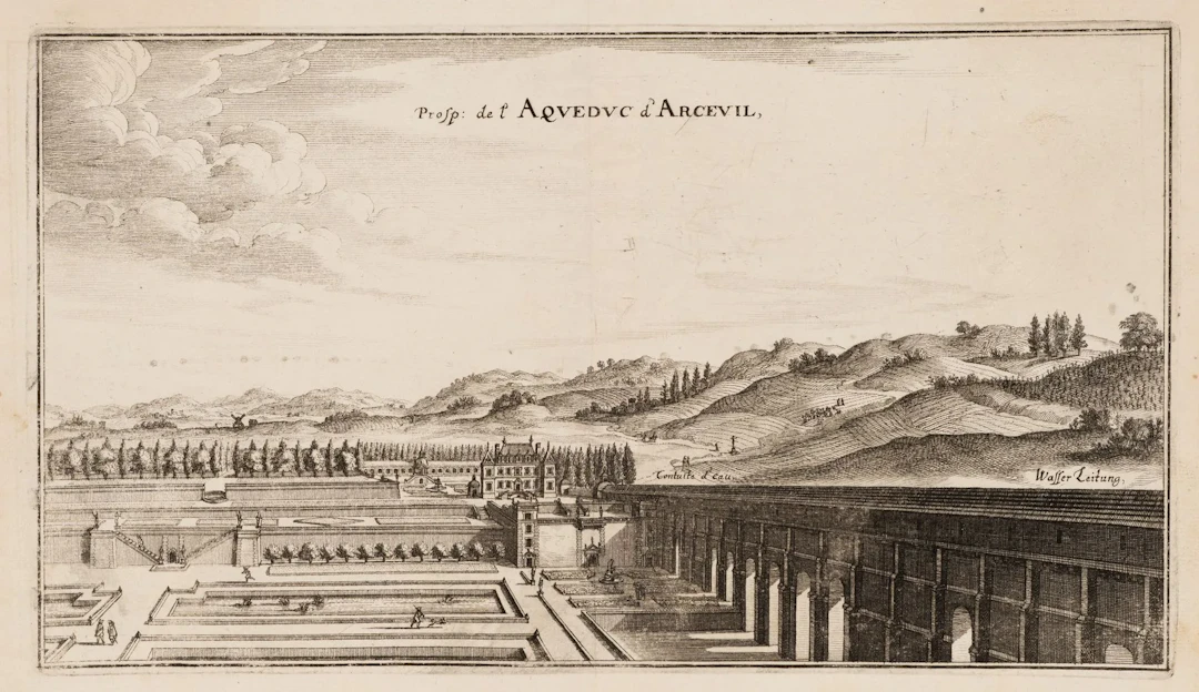 M. MERIAN (1621–1687), Arcueil Aqueduct, Copper engraving Matthäus