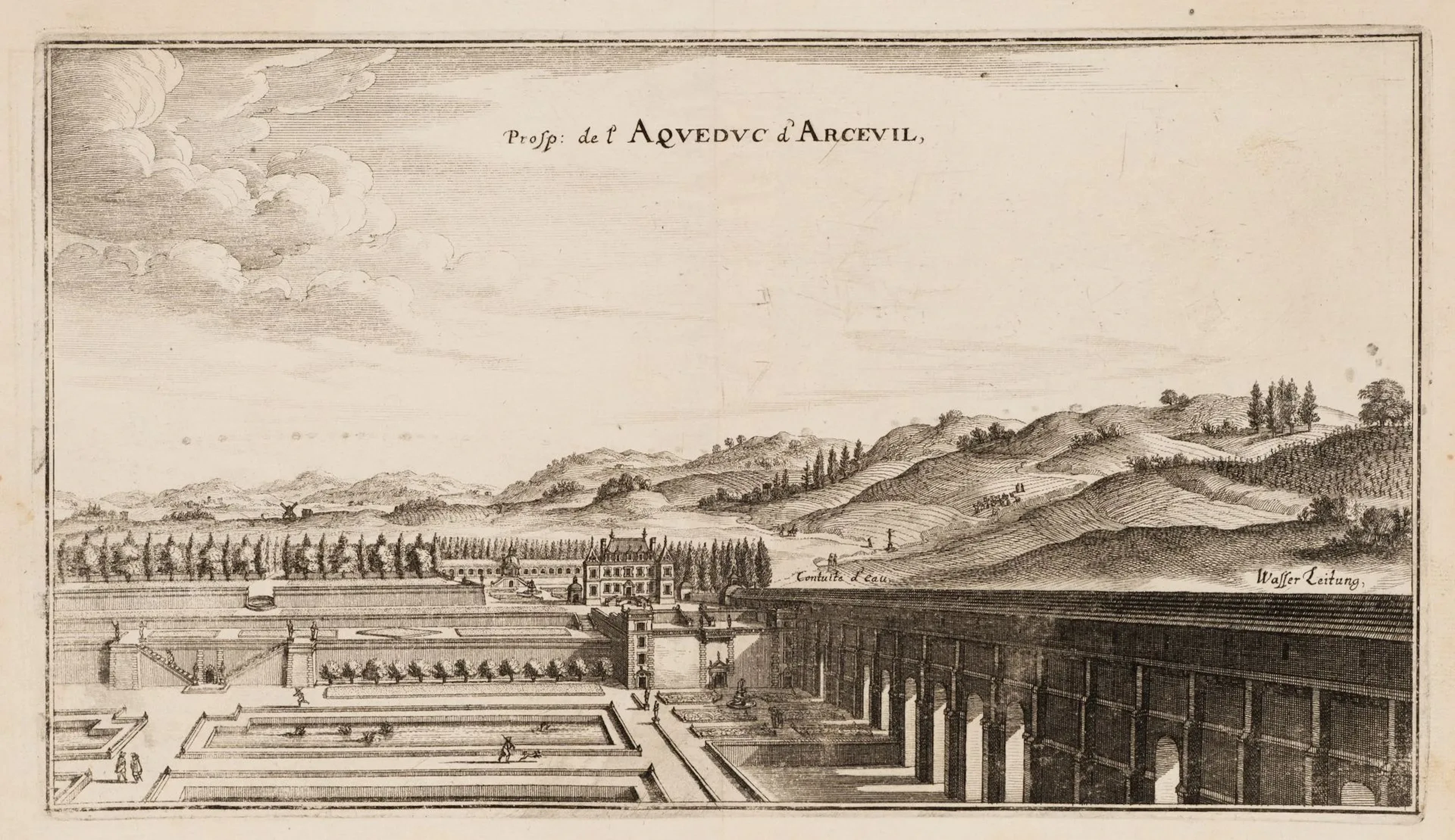 M. MERIAN (1621–1687), Arcueil Aqueduct, Copper engraving Matthäus