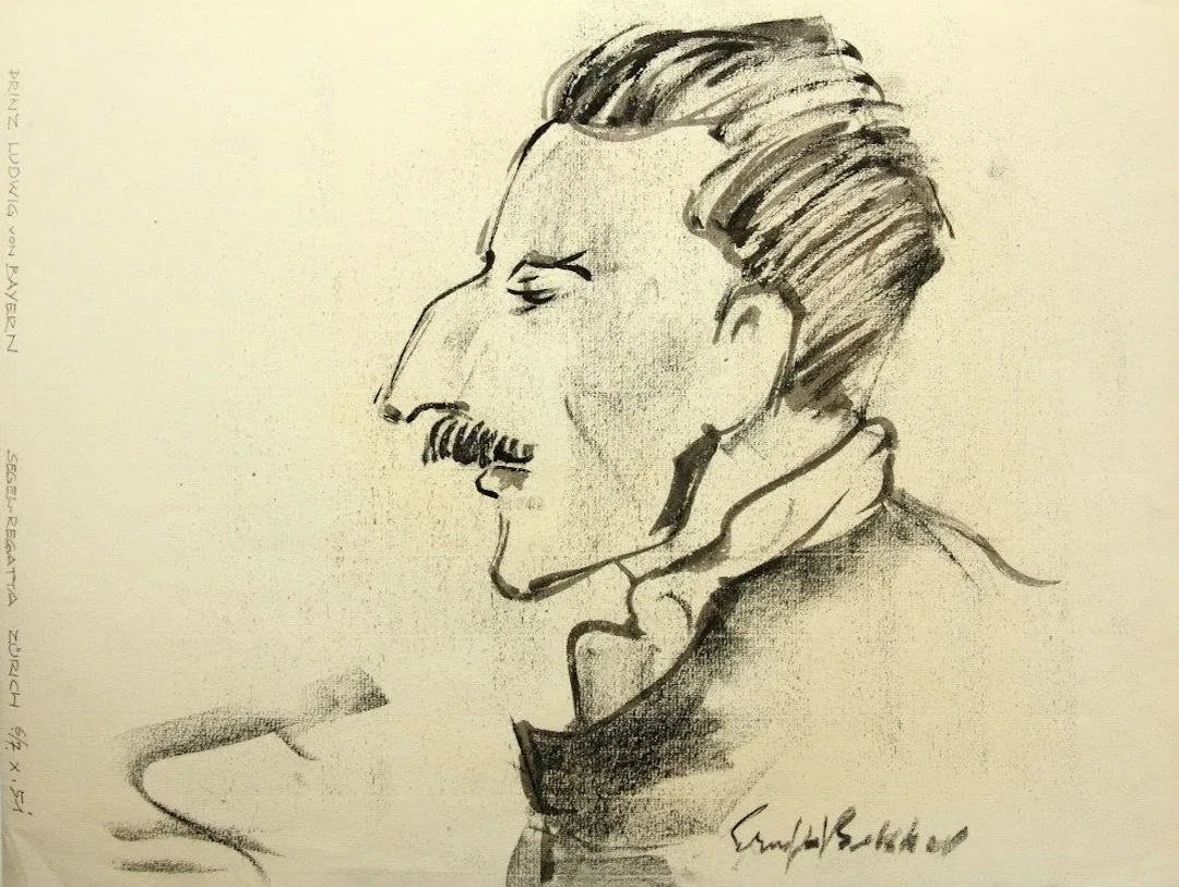 Unknown (20th), Caricature of Prince Ludwig of Bavaria, 1951, Charcoal