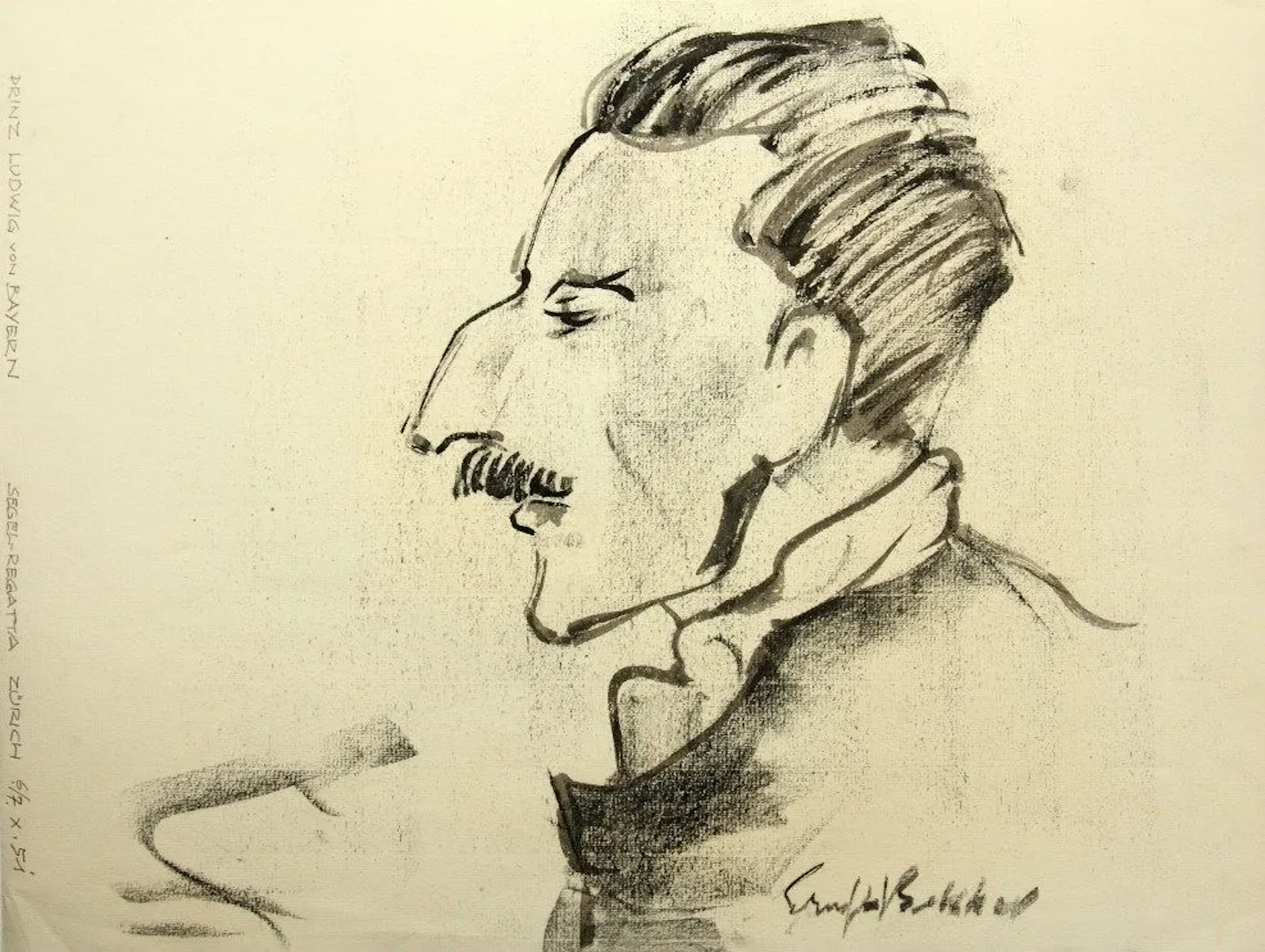 Unknown (20th), Caricature of Prince Ludwig of Bavaria, 1951, Charcoal