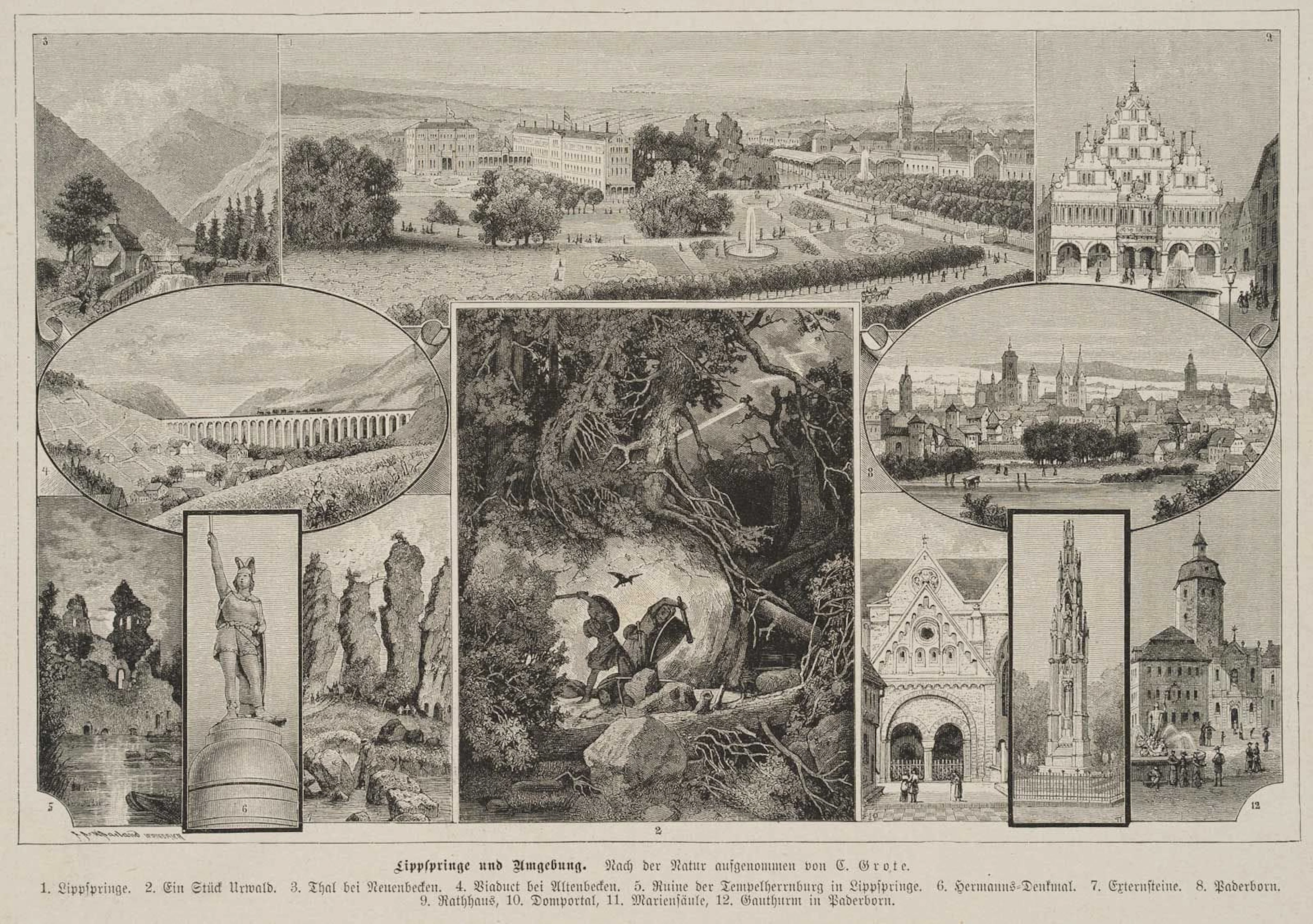 C. GROTE (19th), Lippspringe and the surrounding area, 1882, Woodcut
