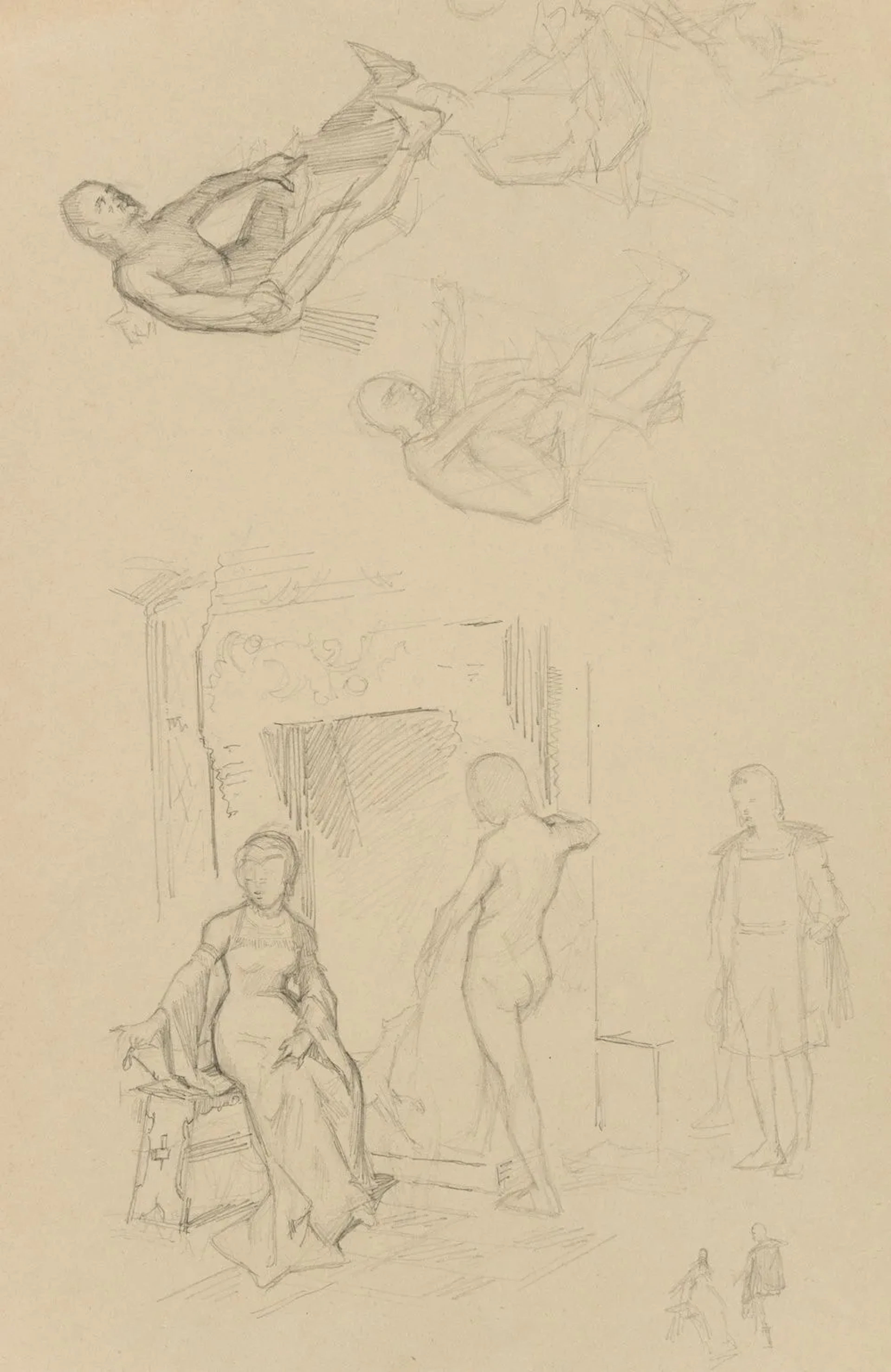 E. RONDAHL (1858-1914), Figure studies, Lady by the fireplace, 1883