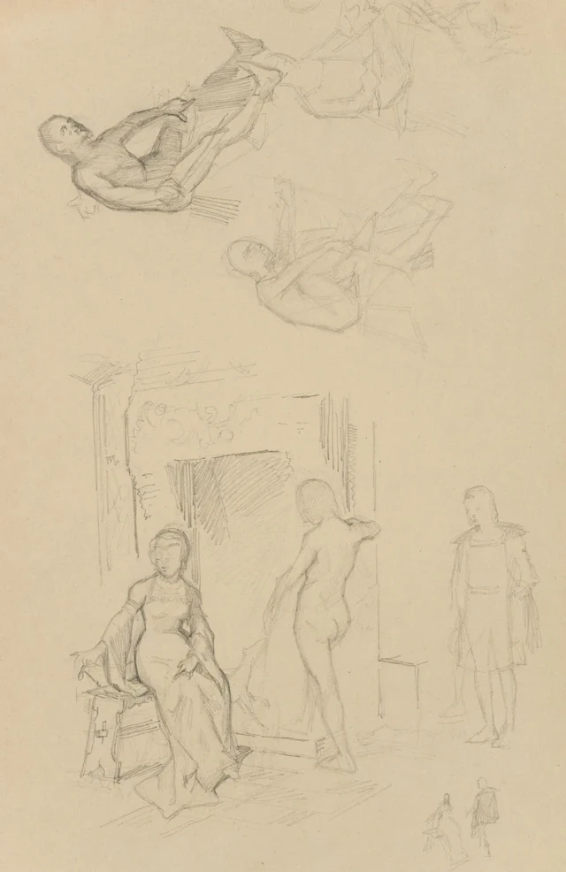E. RONDAHL (1858-1914), Figure studies, Lady by the fireplace, 1883