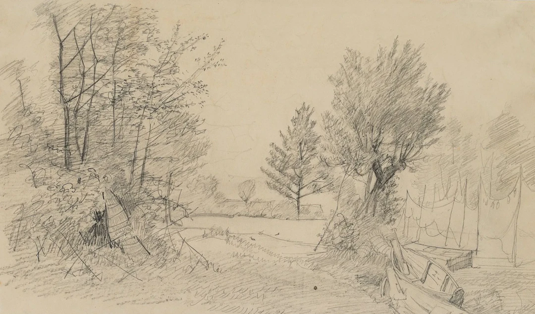 C. KRÜGER (1812–1880), Fishing Village by the River, Pencil Carl Johann