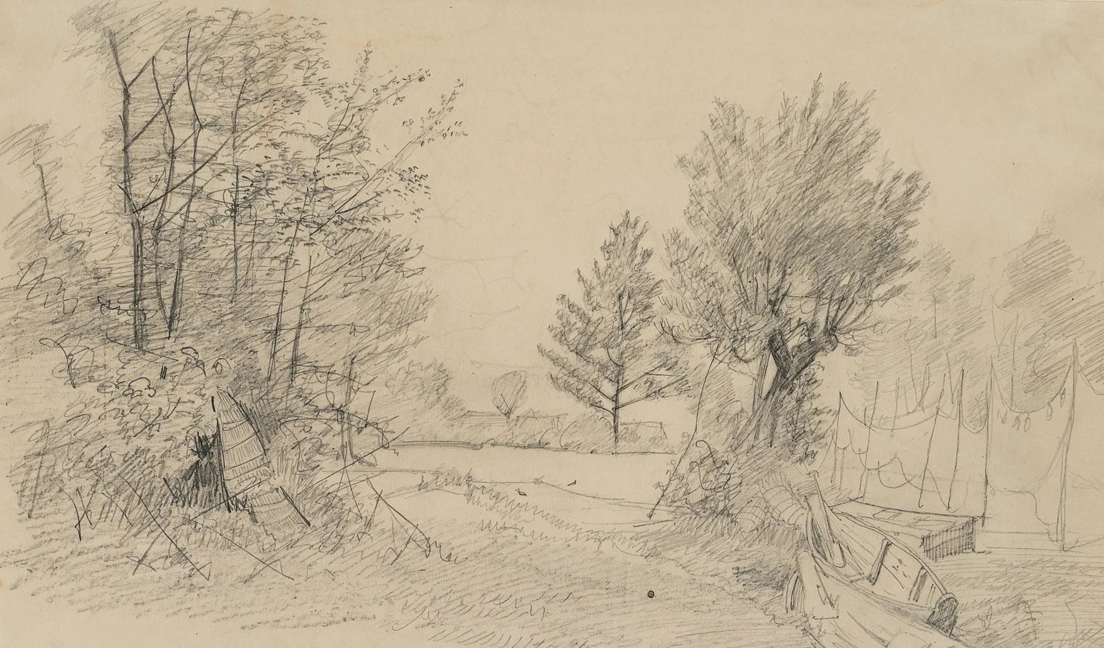 C. KRÜGER (1812–1880), Fishing Village by the River, Pencil Carl Johann