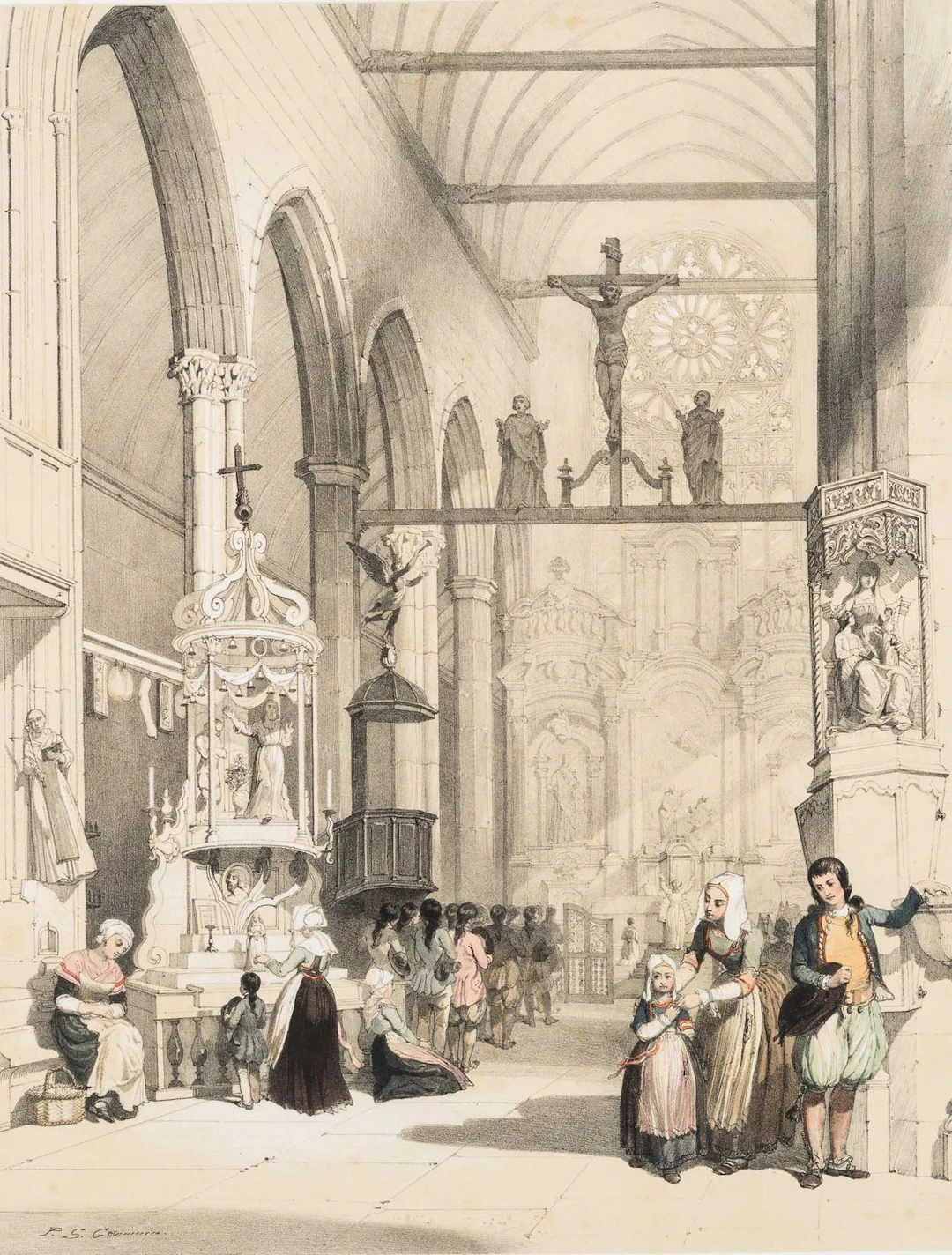 P. SAINT-GERMAIN (*1754), Interior of Saint-Jean-du-Doigt, Lithograph