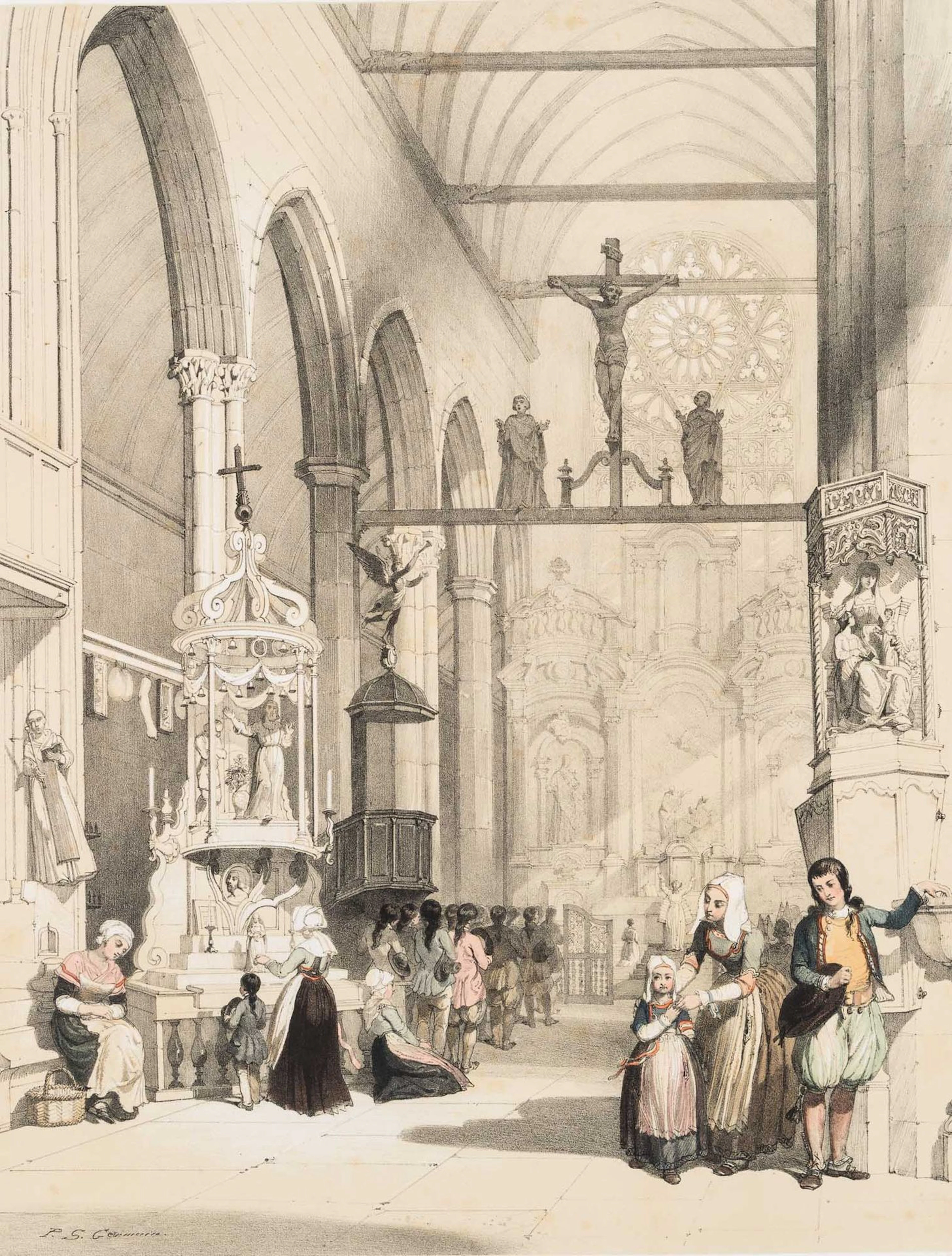 P. SAINT-GERMAIN (*1754), Interior of Saint-Jean-du-Doigt, Lithograph
