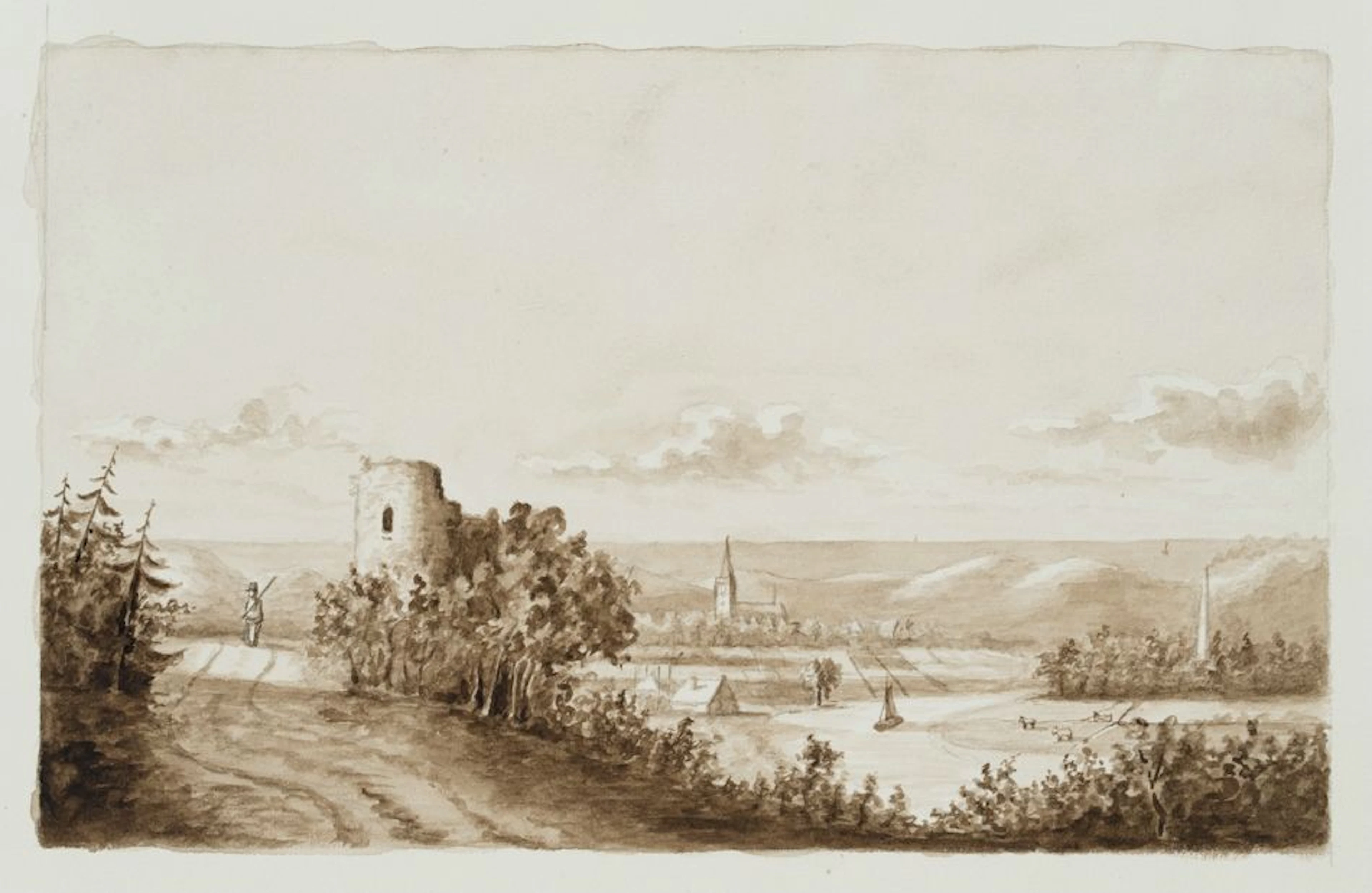 Unknown (19th century), Ruins in the Rhine Region, Brush Drawing Unknown