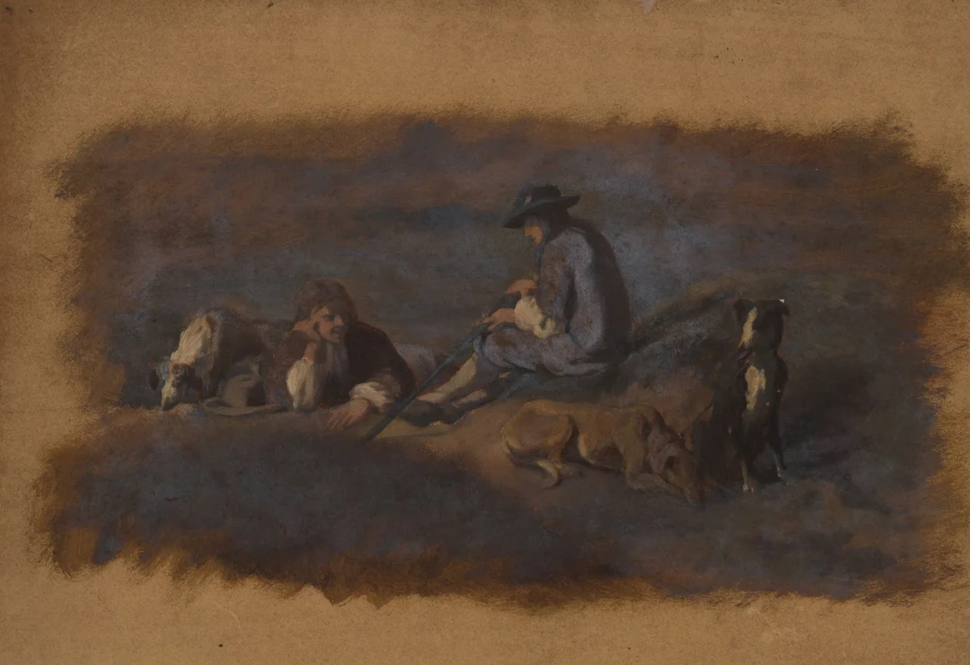 A. VIOLLET-LE-DUC (*1817), Men Resting with Dogs, Oil Adolphe Viollet-le-Duc