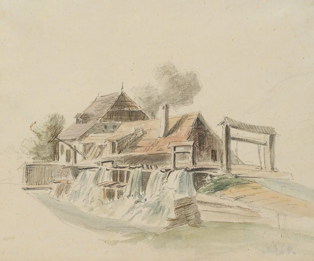C. NATHE (1753-1806) Circle, View of a mill, Pencil Christoph Nathe