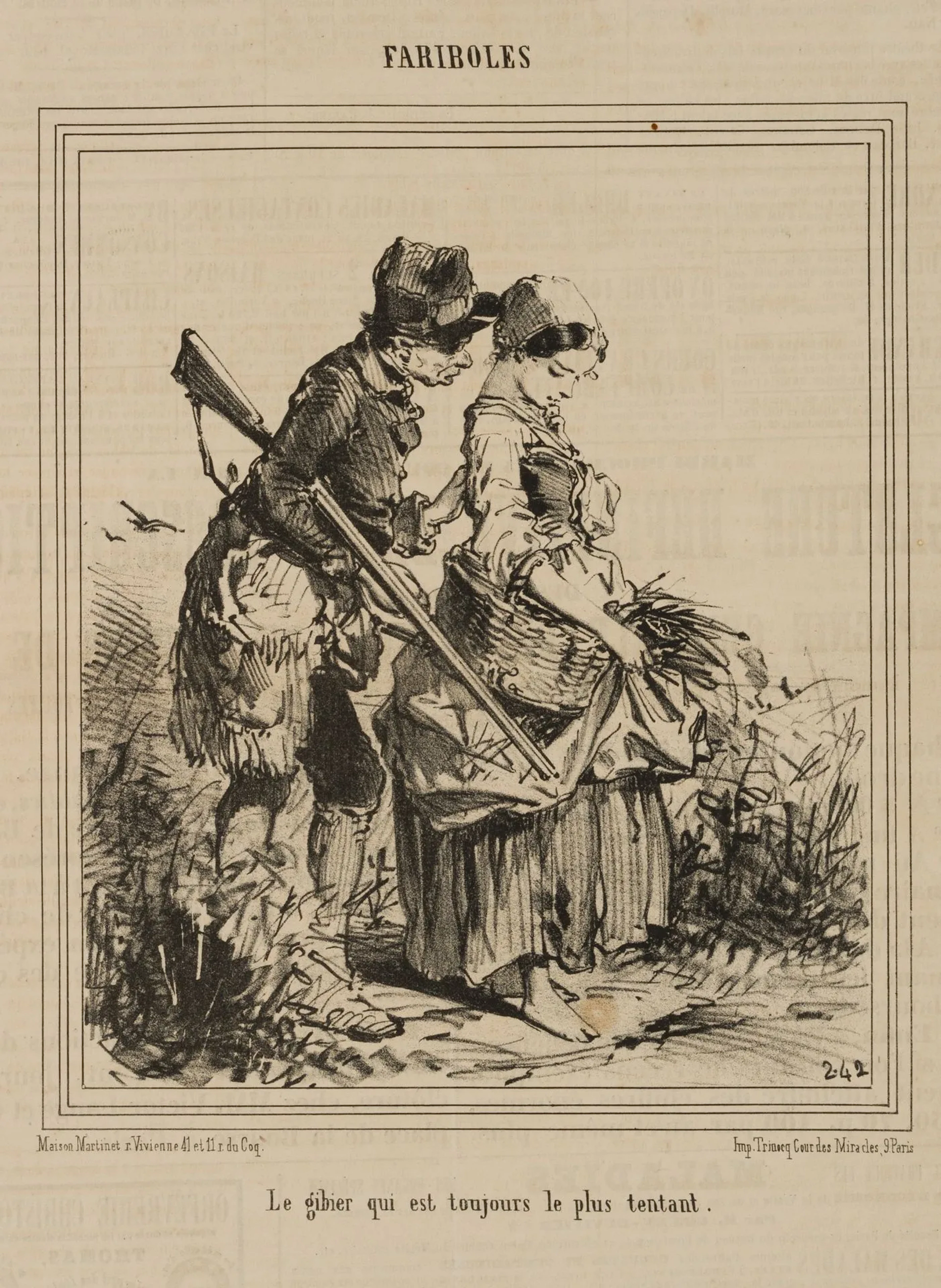 E. BEAUMONT (1819–1888), Caricature. Hunter and Girl, Lithograph Edouard
