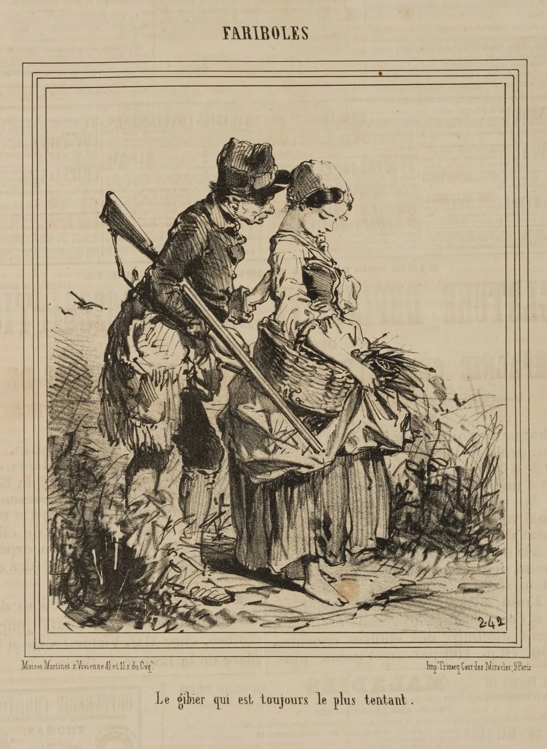 E. BEAUMONT (1819–1888), Caricature. Hunter and Girl, Lithograph Edouard