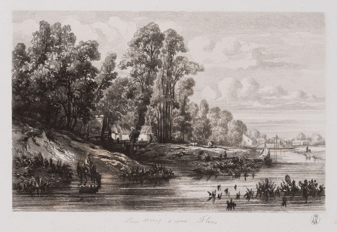 L. MARVY (19th), Riverside landscape with a mill, Vernis Mou Louis