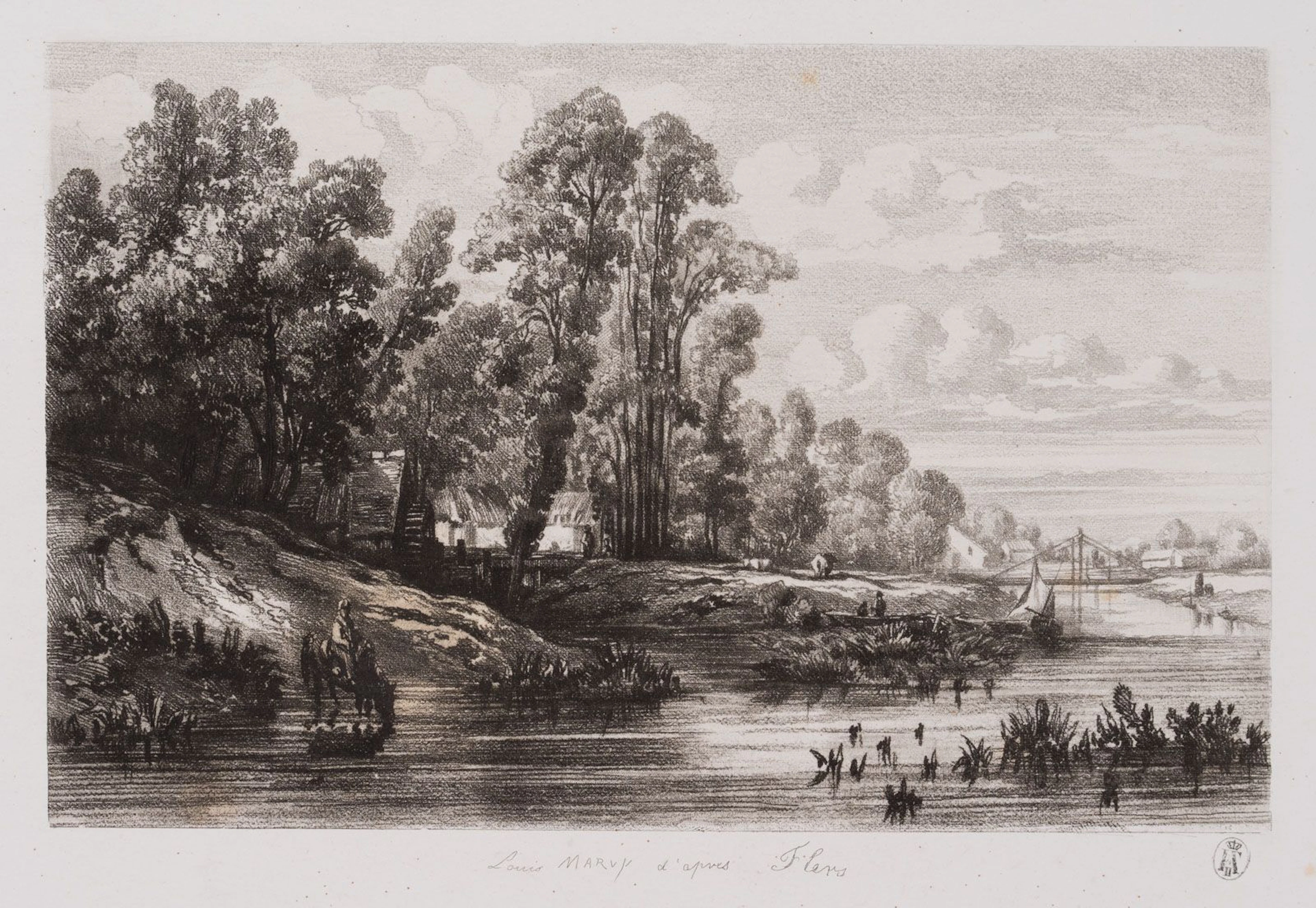 L. MARVY (19th), Riverside landscape with a mill, Vernis Mou Louis