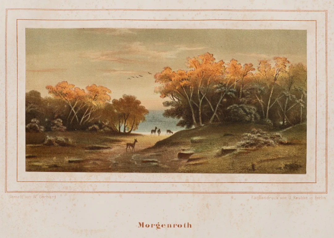 W. GERHARD (19th), Sunrise. Deer in the Forest, Color Lithograph W.