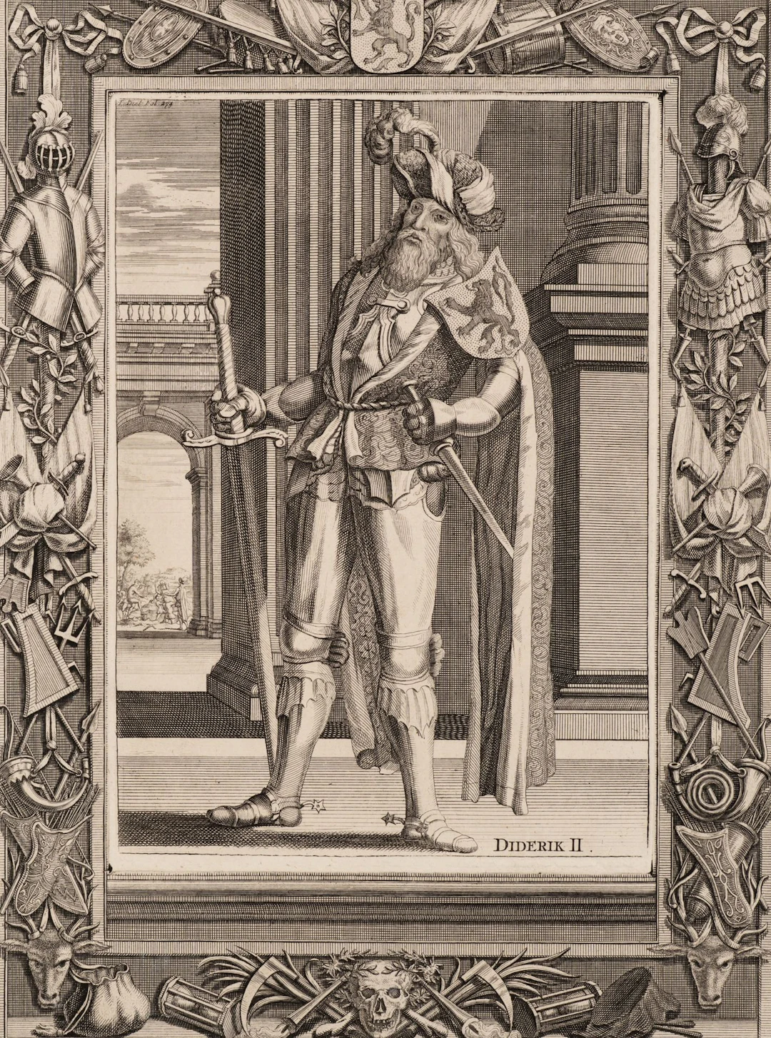 Unknown (18th), Diderik II in a cloak, 1725, Copper engraving Unknown