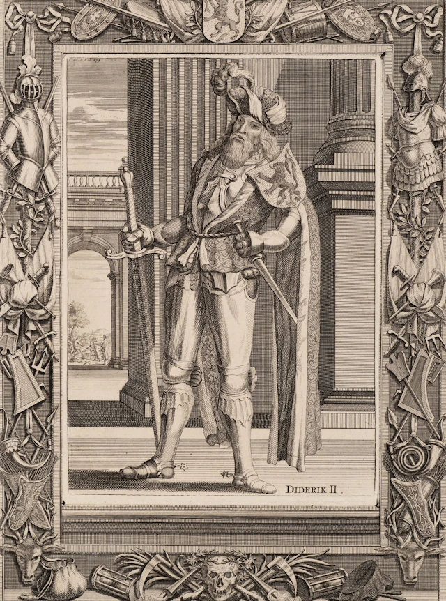 Unknown (18th), Diderik II in a cloak, 1725, Copper engraving Unknown