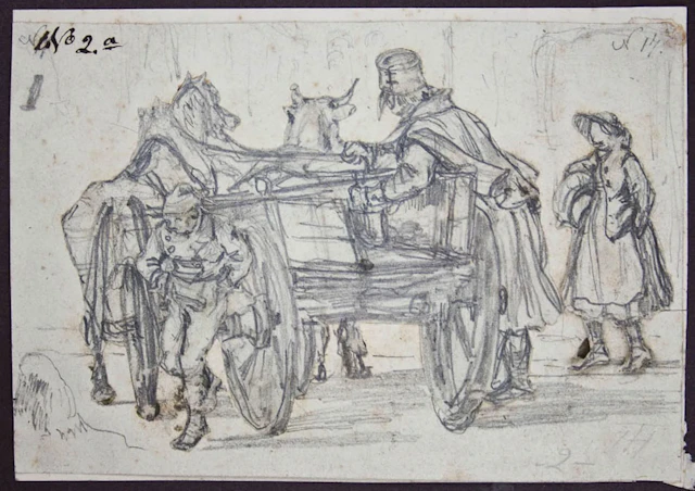 T. HORSCHELT (*1829), Market Cart with a Soldier, Pencil Theodore