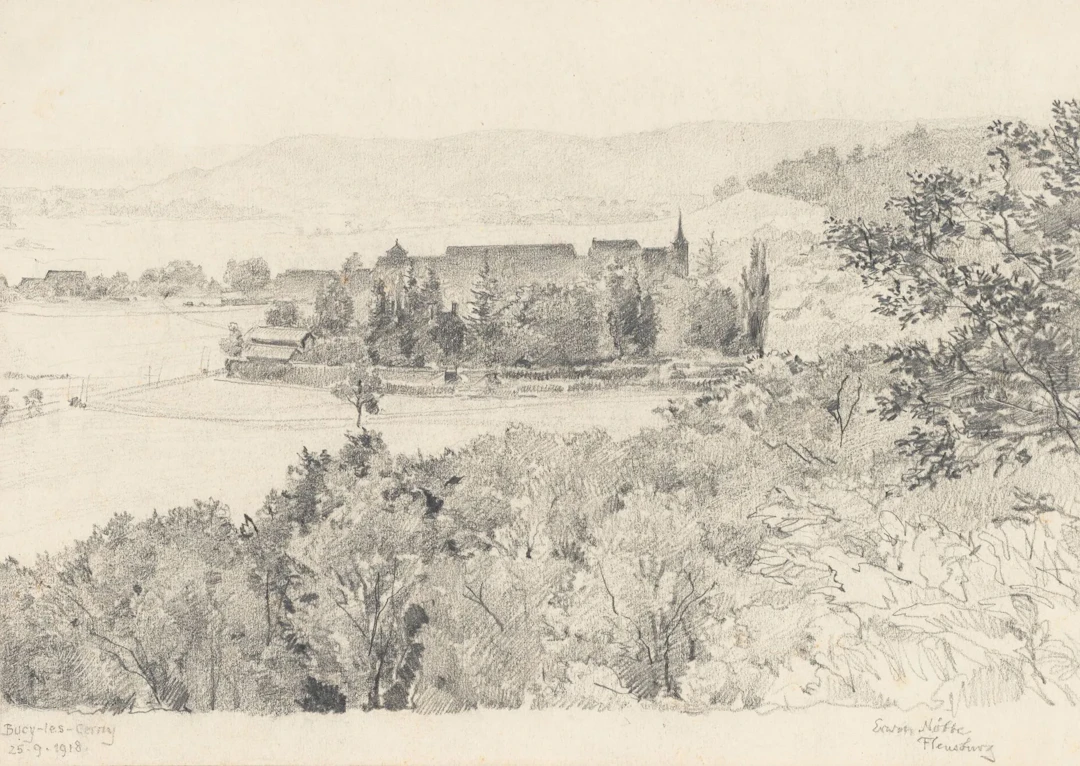 E. NÖBBE (1882-1948), Landscape near Bucy-le-Long, 1918, Pencil Erwin