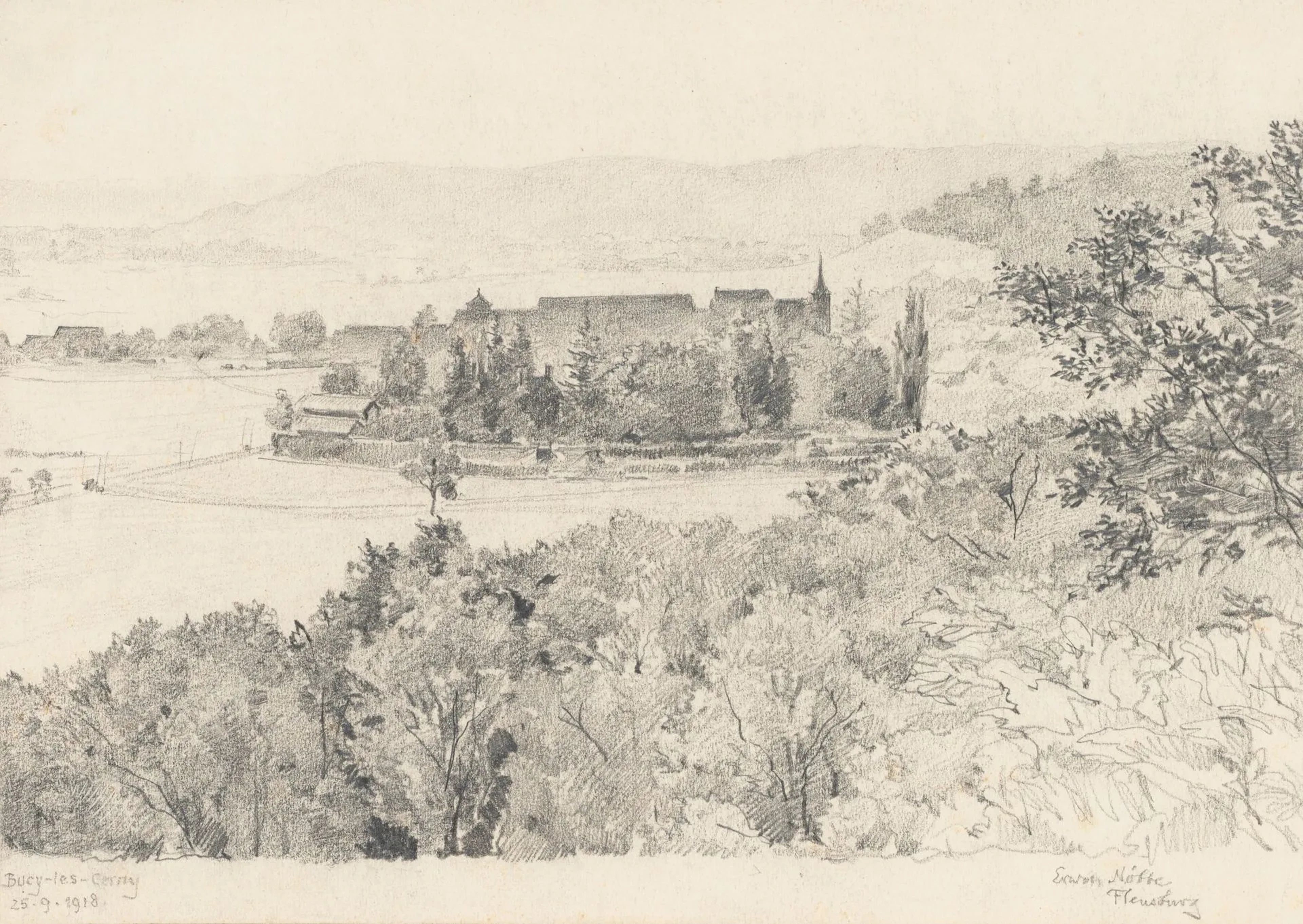 E. NÖBBE (1882-1948), Landscape near Bucy-le-Long, 1918, Pencil Erwin