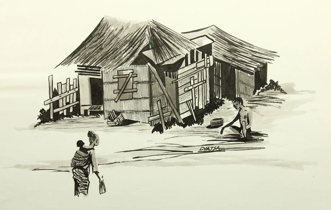 Unknown (20th), Housing shack with an Asian family, brush drawing