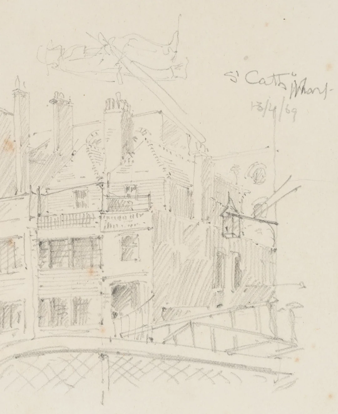 E. LEE (19th), Sketch of buildings, 1869, Pencil E. C. Lee (19th century):