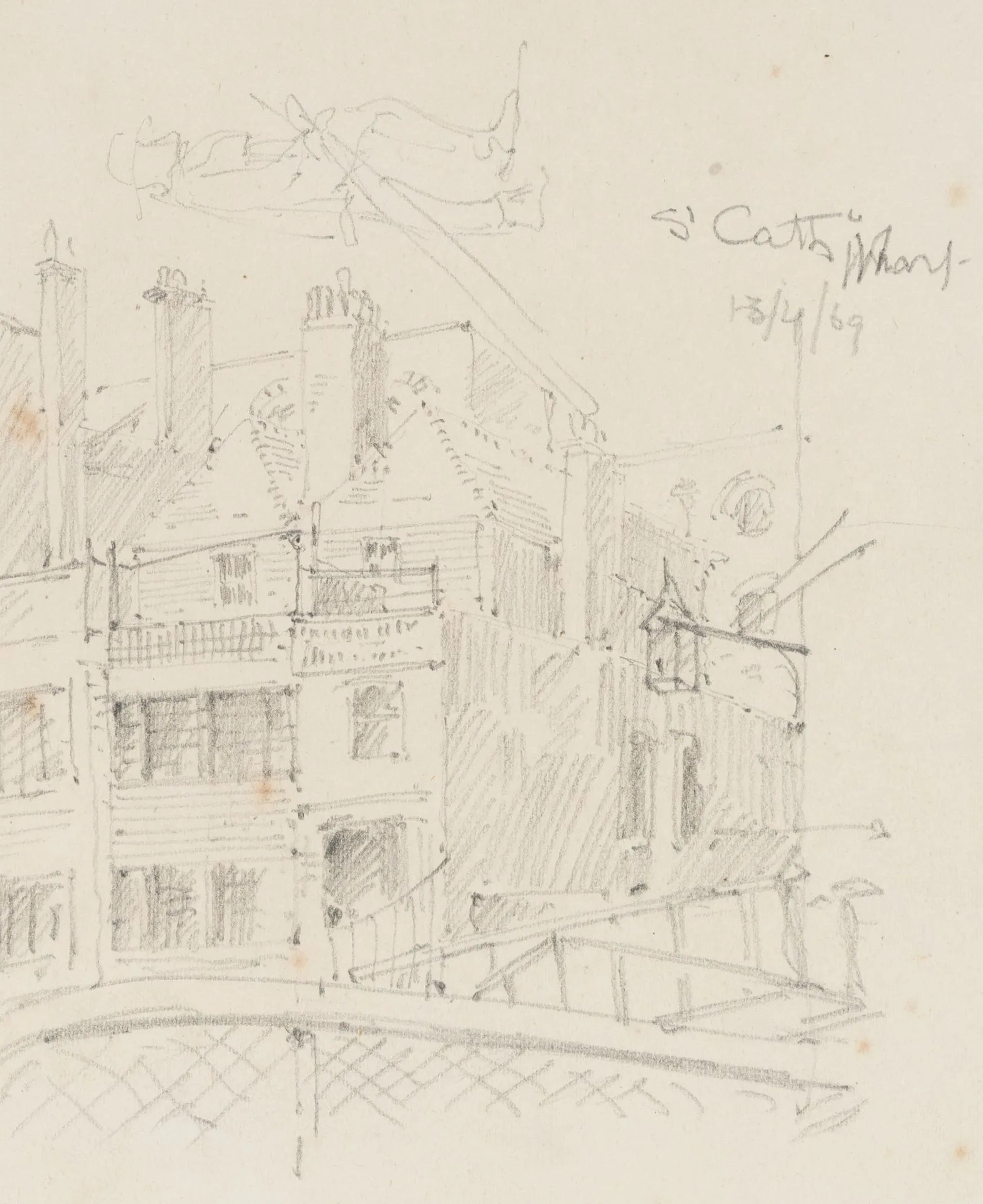 E. LEE (19th), Sketch of buildings, 1869, Pencil E. C. Lee (19th century):