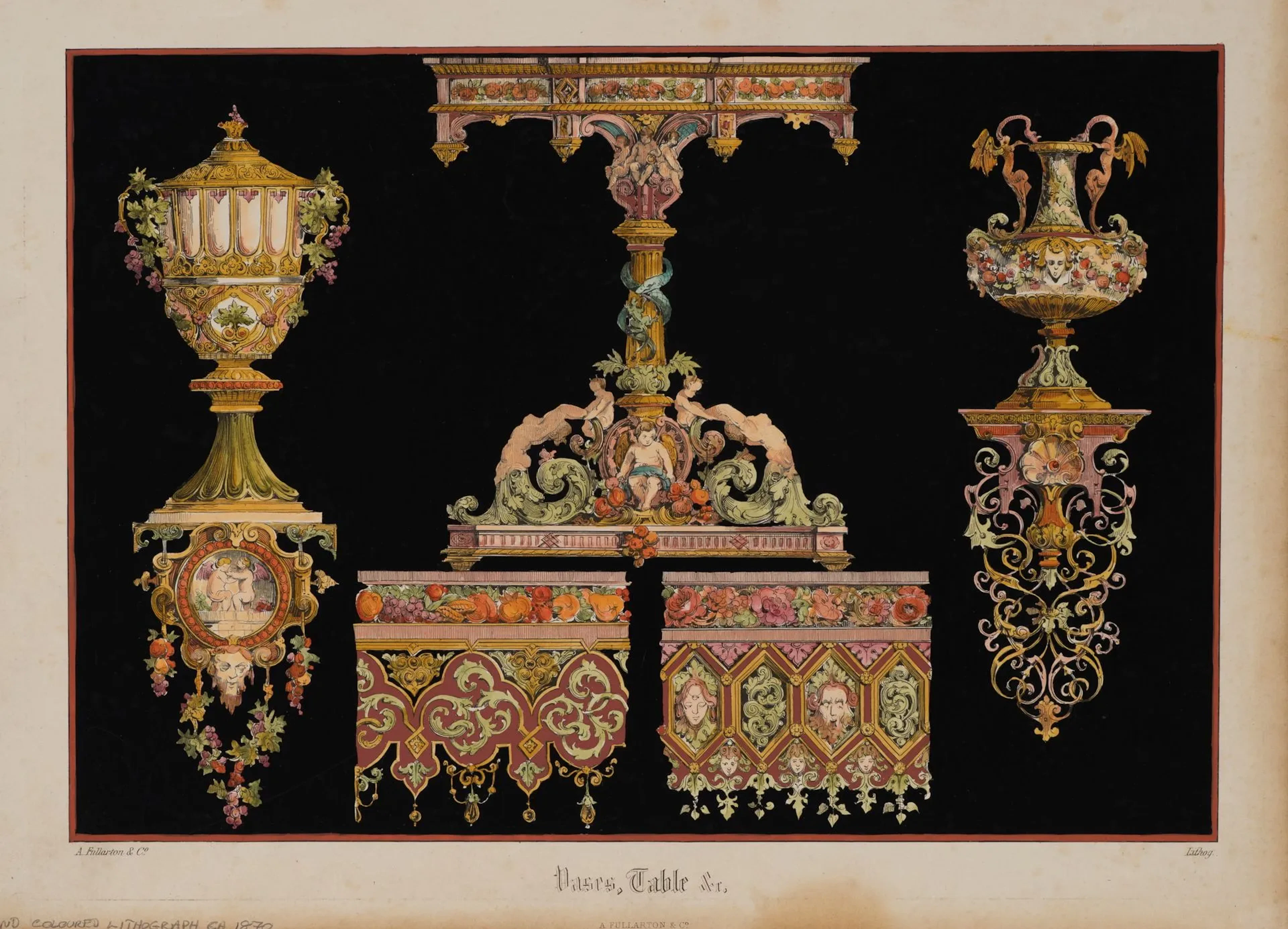 A. FULLARTON (19th), Decorative vases and tableware, ca. 1870, Lithography