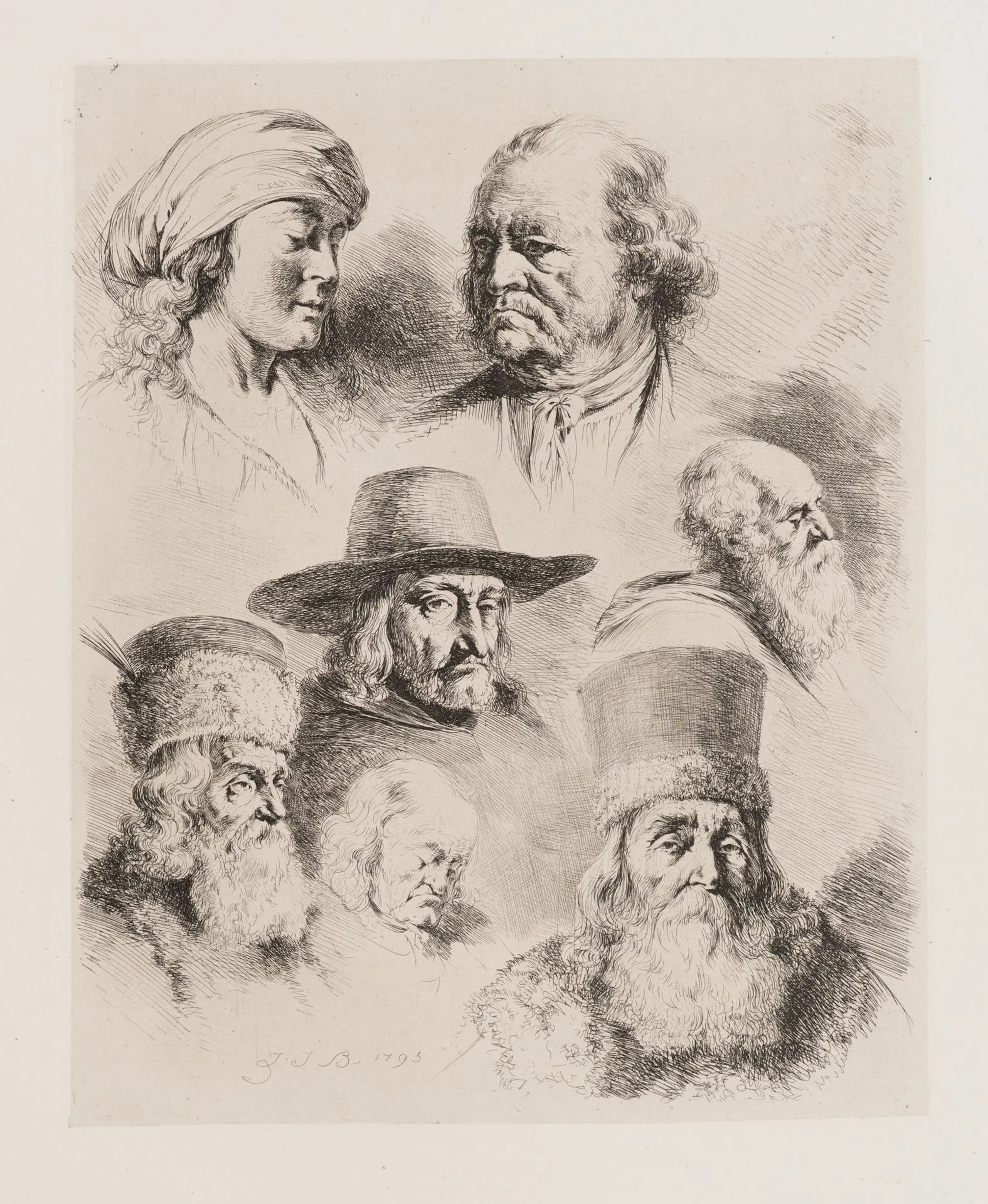 J. BOISSIEU (1736–1810), Sheet with seven head studies, 1793, etching